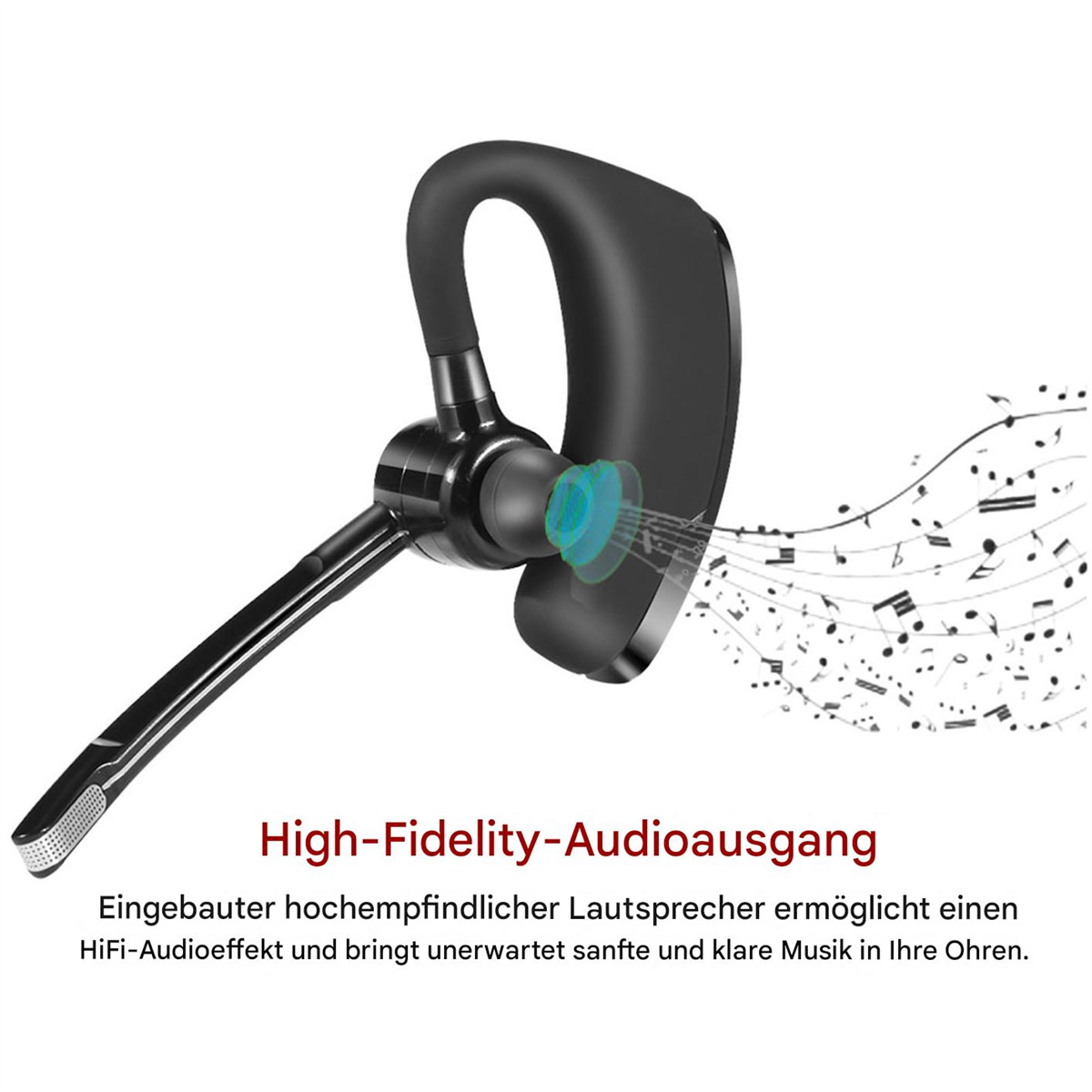 Ein schwarzes Bluetooth-Headset mit Noten im Hintergrund.