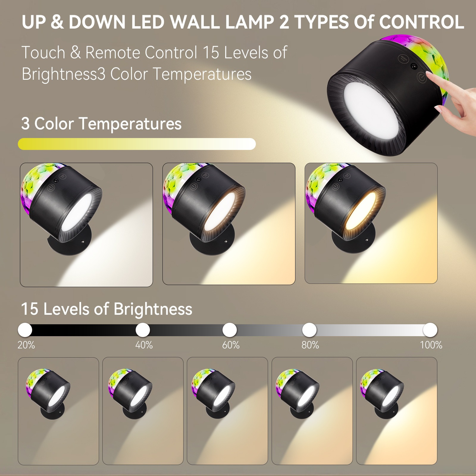 LED-Wandleuchte mit 3 Farbtemperaturen und 15 Helligkeitsstufen. Anzeige zeigt Einstellungen.