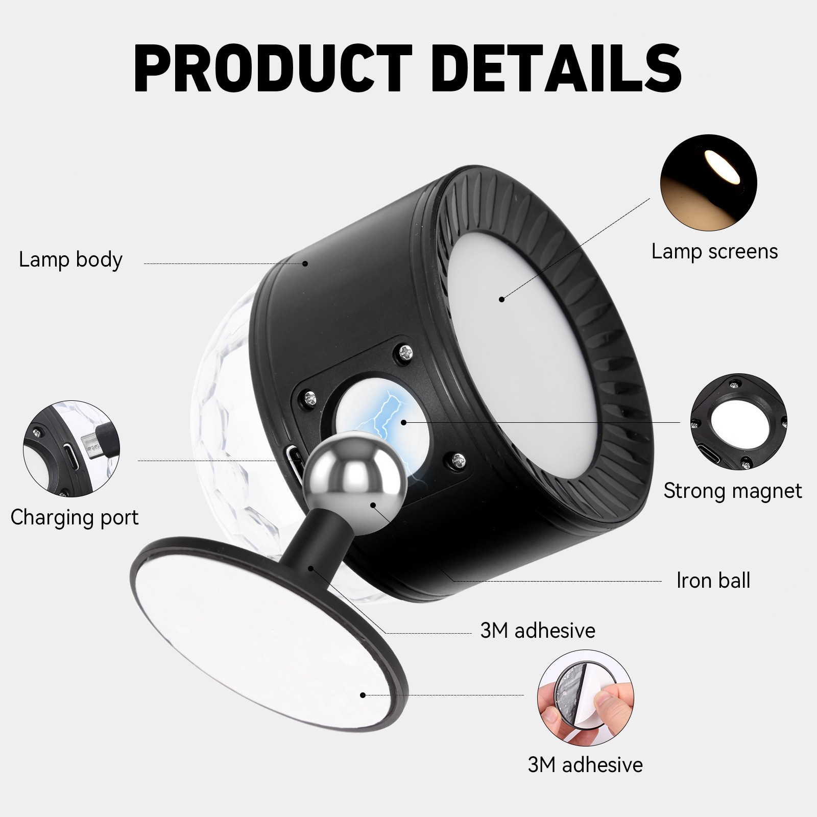Produktdetails: eine schwarze Lampe mit Kugel, Ladeanschluss und Klebstoff.