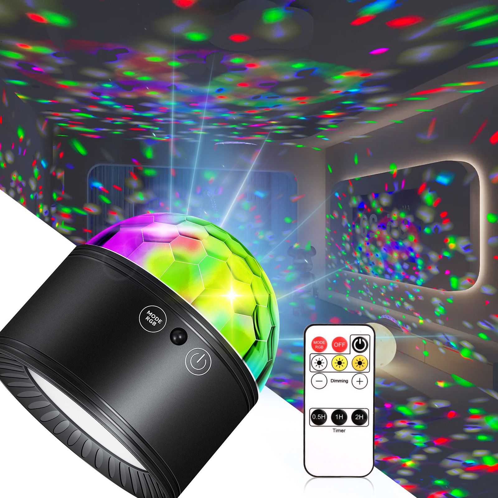 Ein Diskokugel-Projektor mit schwarzem Sockel projiziert bunte Lichter an Decke und Wände.