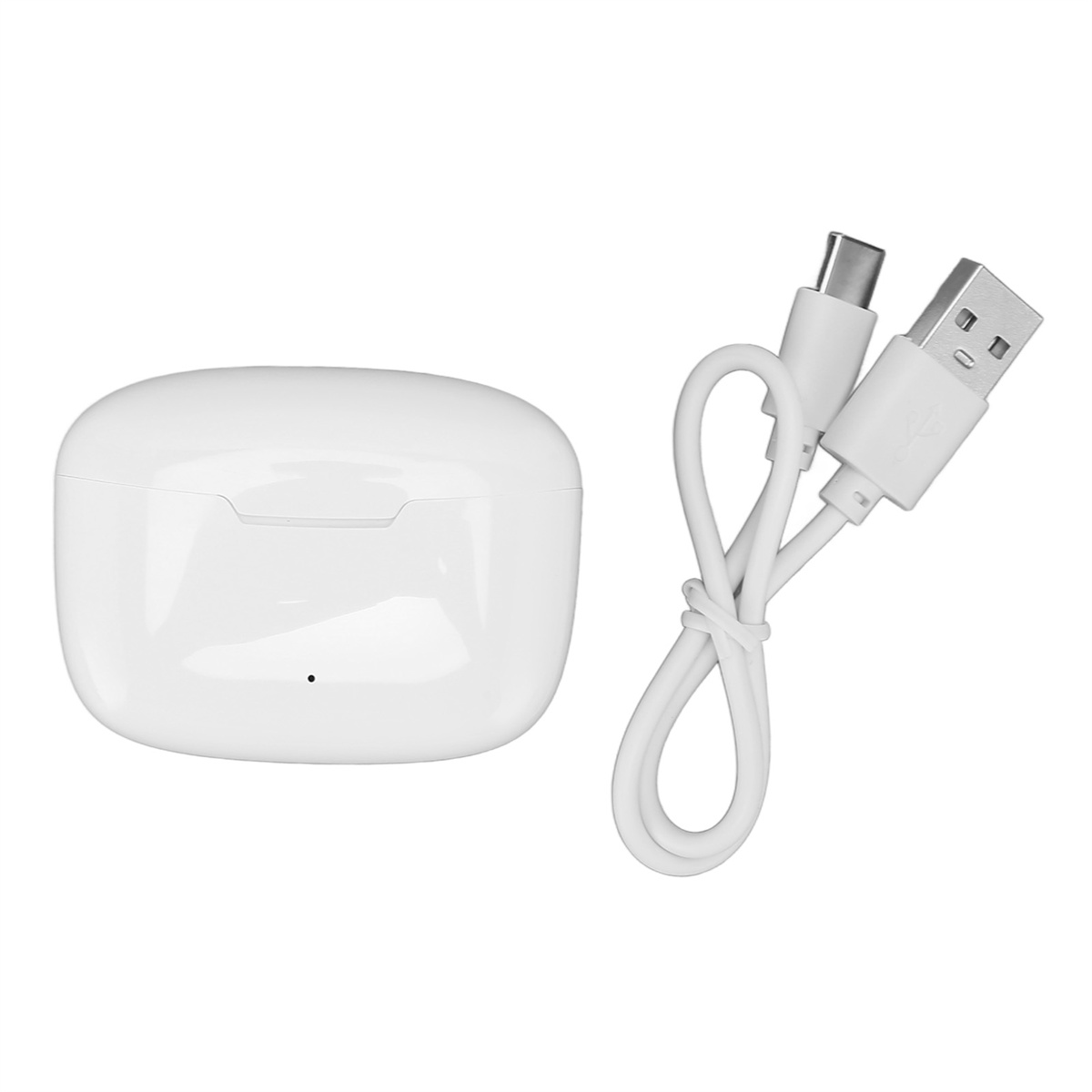Weißes Kopfhörer-Etui und ein weißes USB-C-Ladekabel.