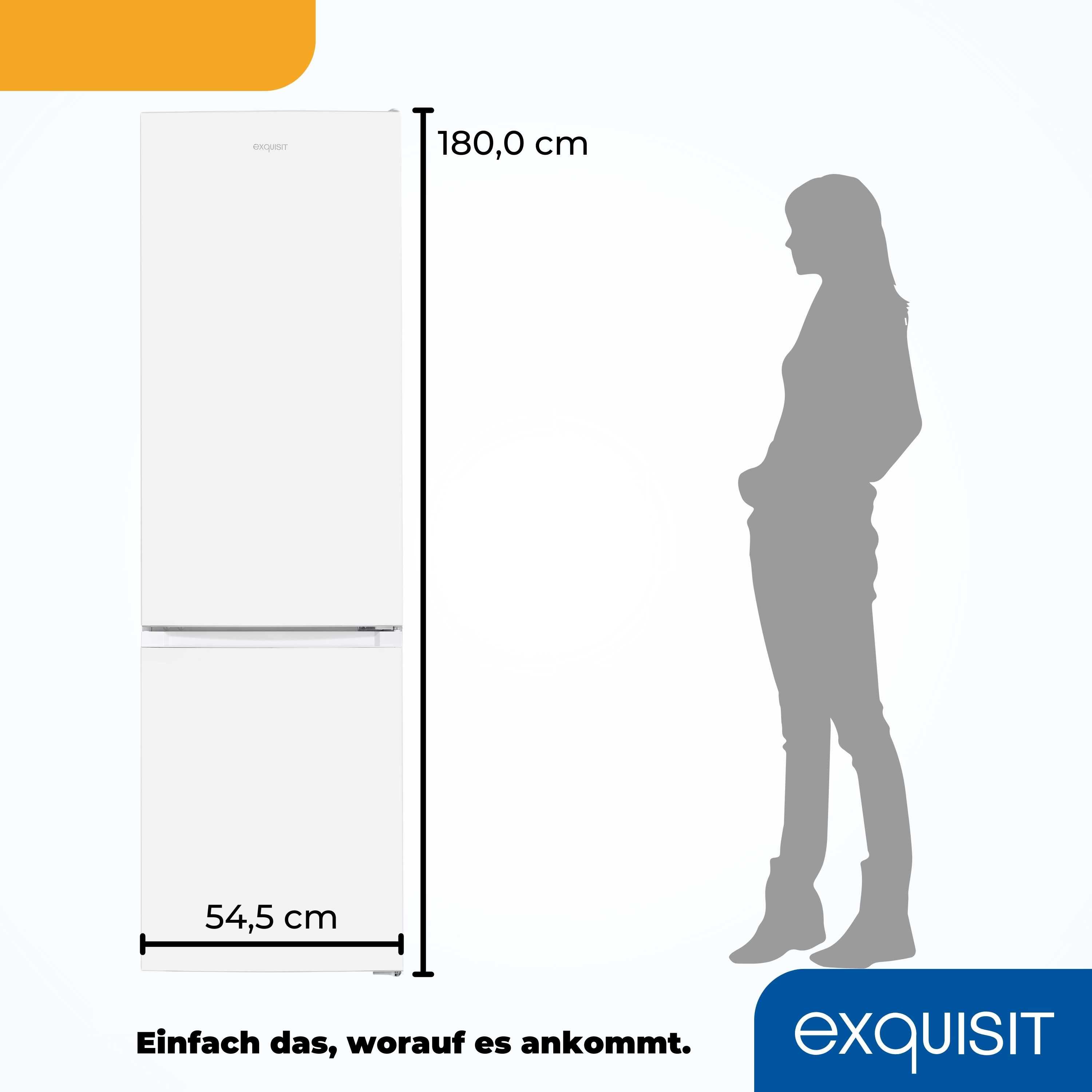 Weißer Kühlschrank mit einer Frauensilhouette daneben, mit angegebenen Maßen.