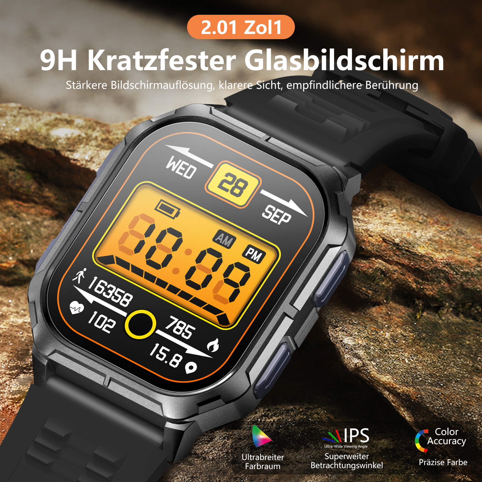 Smartwatch pokazujący godzinę, datę i statystyki. Czarny pasek, wyświetlacz cyfrowy, pomarańczowe tło.