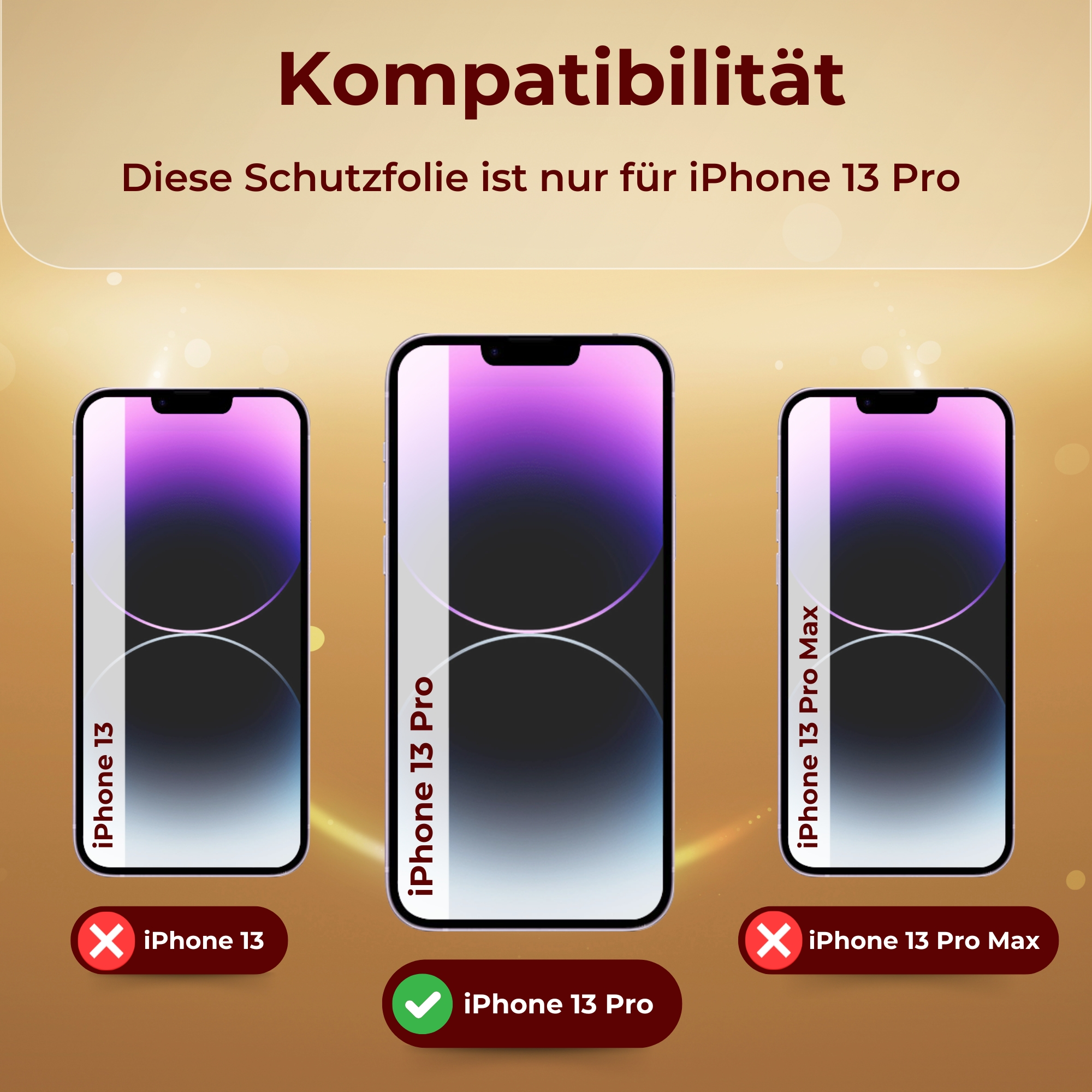 Bild zeigt iPhone 13 Pro. Der Text besagt, dass die Schutzfolie nur für das iPhone 13 Pro ist.