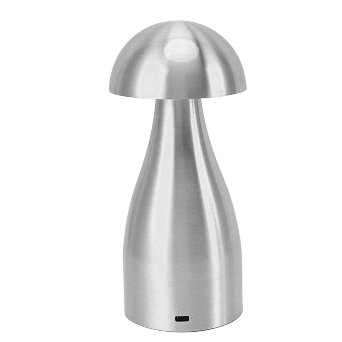 Eine silberne pilzförmige Lampe. Es hat eine abgerundete Oberseite und einen schlanken Fuß.