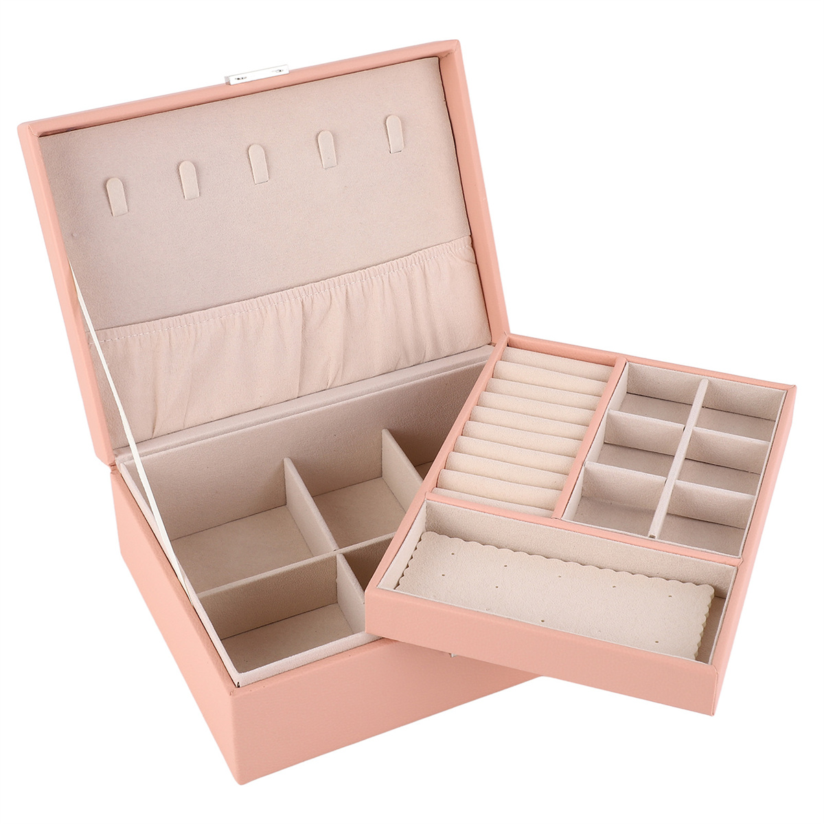 Eine offene rosa Schmuckschatulle mit Fächern und einem Tablett. Die Innenseite ist hellrosa.