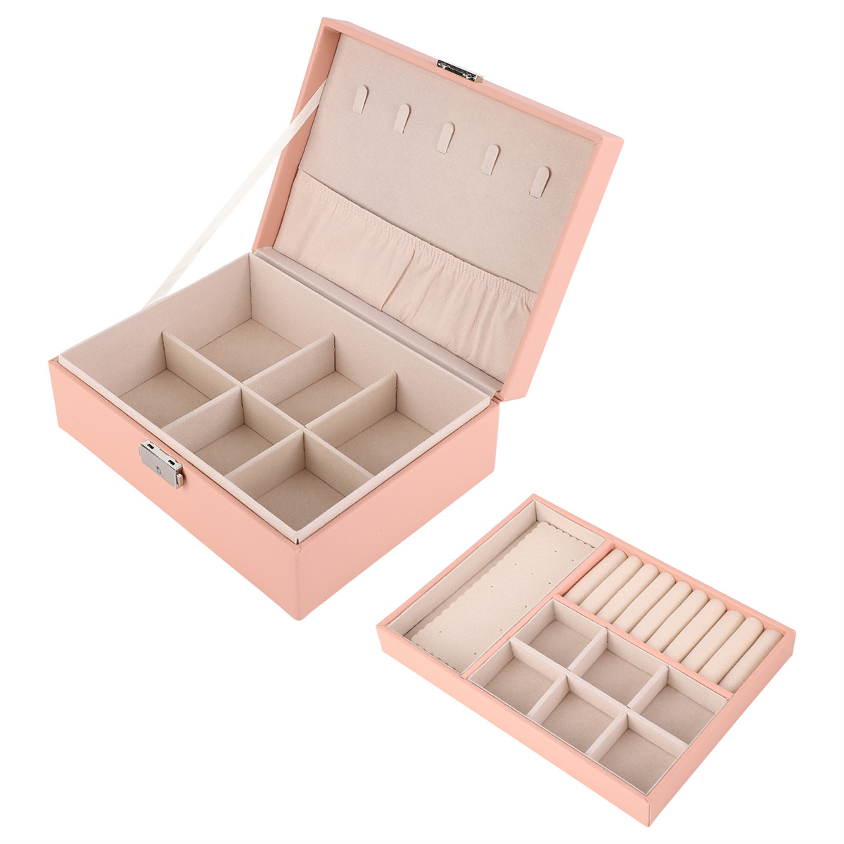 Geöffnete rosa Schmuckschatulle mit Fächern. Ein weiteres Tablett mit Fächern ebenfalls sichtbar.