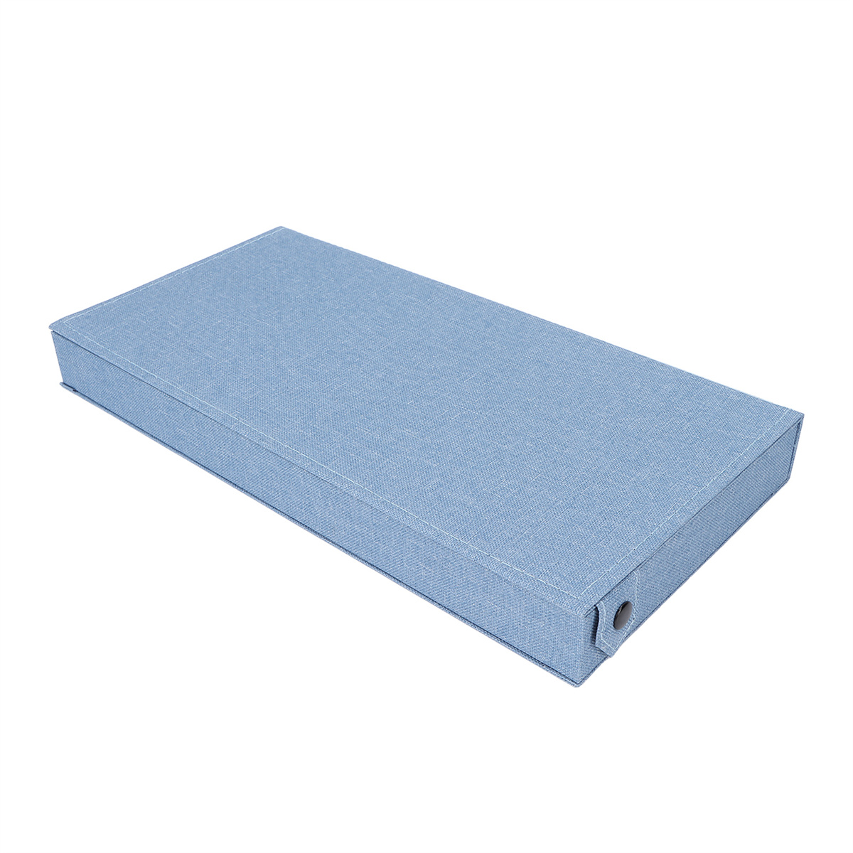 Blaue Aufbewahrungsbox mit strukturierter Oberfläche. Kleines Loch auf der rechten Seite. Weißer H.
