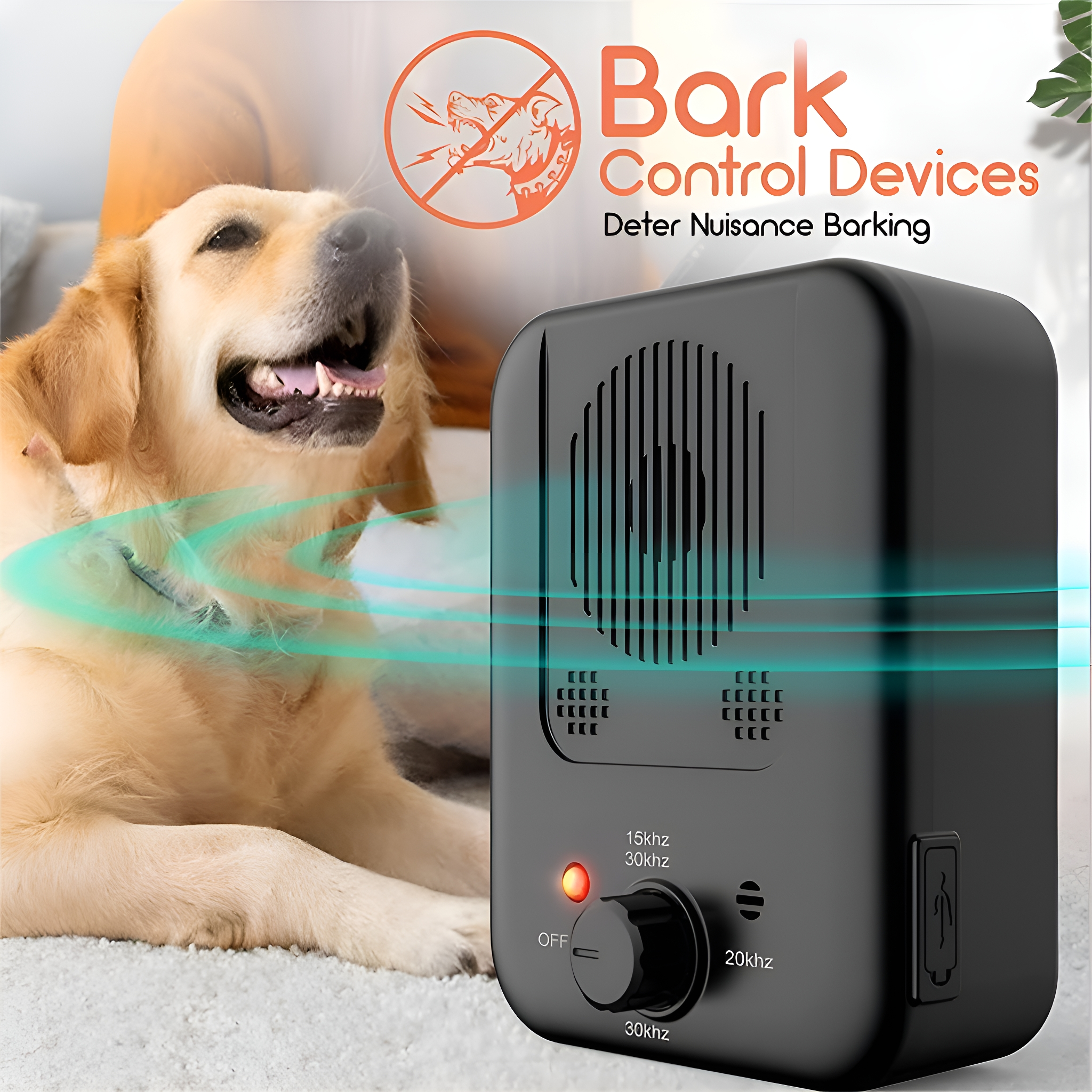 Schwarzes Bellkontrollgerät mit Hundeabbildung, Zifferblatt und Text: Bark Control Devices. Ein Golden Retriever im Hintergrund.