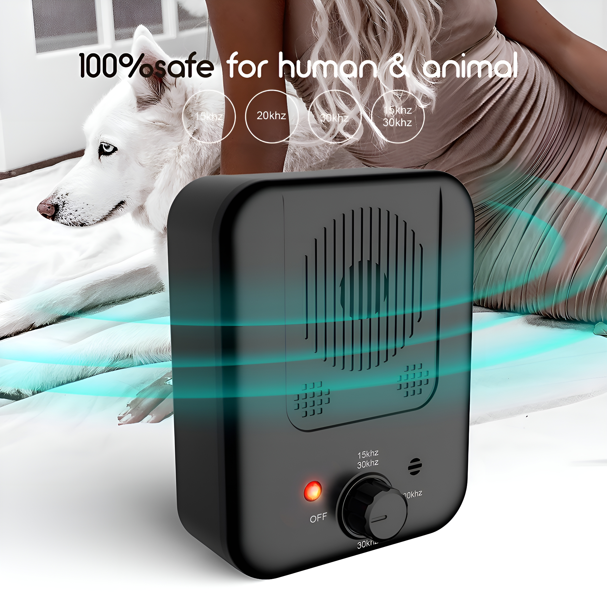 Schwarzes Anti-Bell-Gerät mit weißem Hund und Frau im Hintergrund. Text-Overlay.