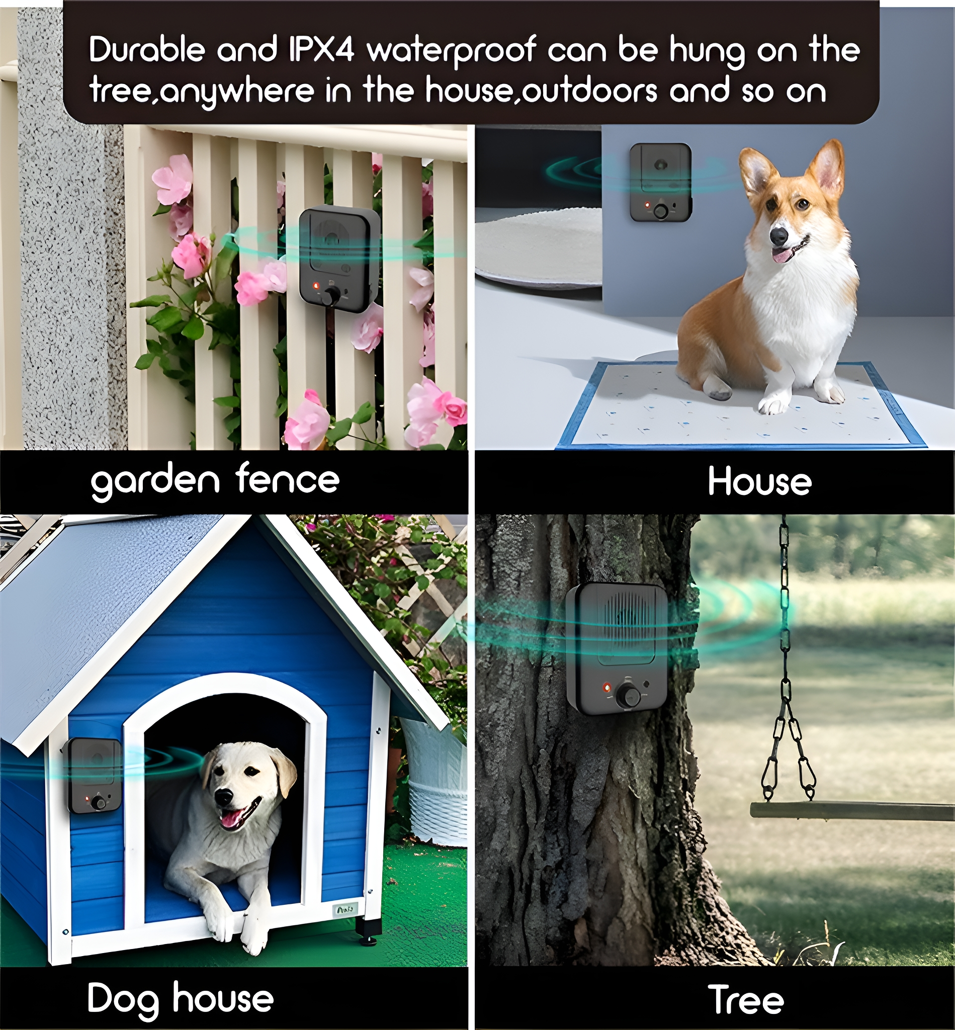 Bilder, die Hundeabwehrgeräte in verschiedenen Außenbereichen zeigen.