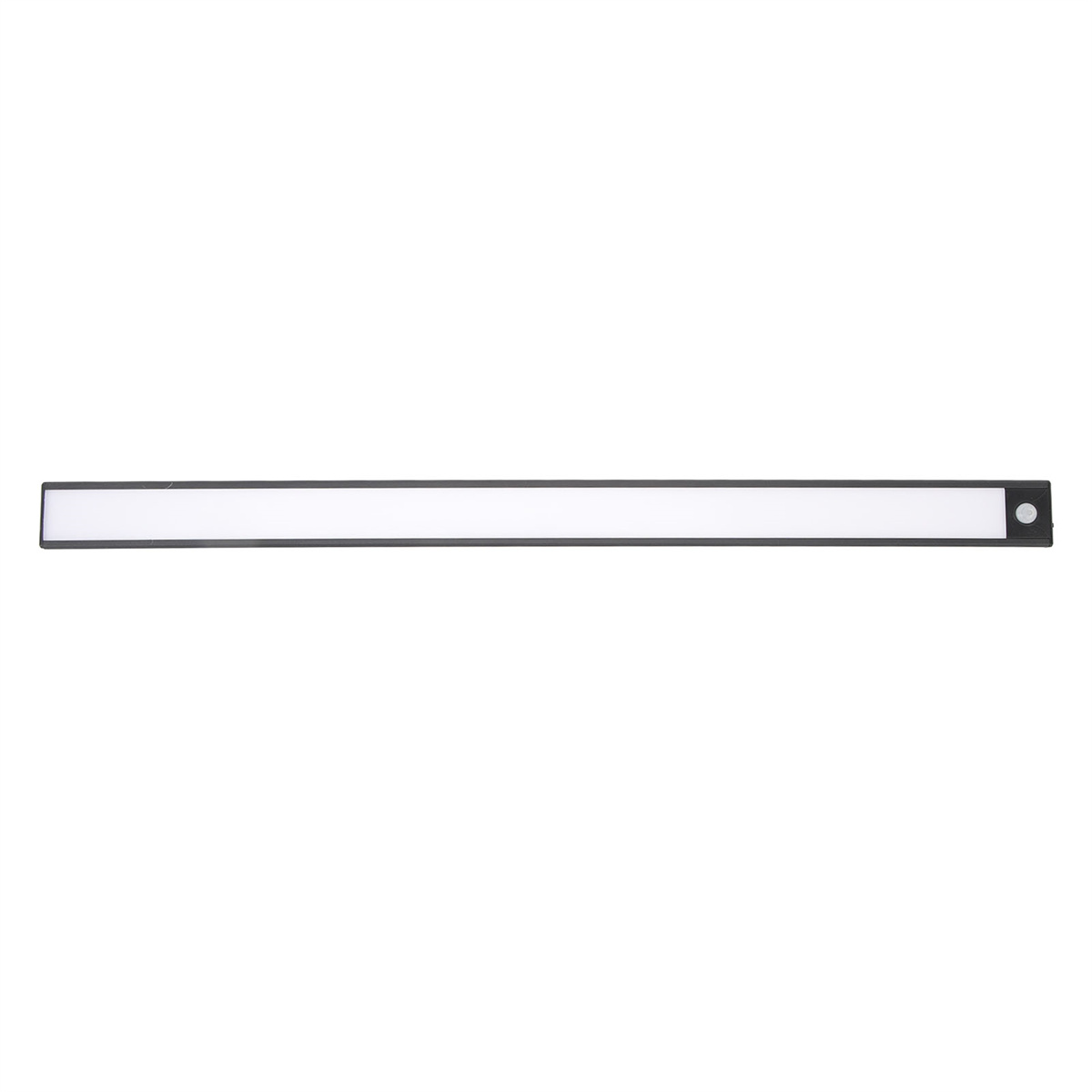 Lange, dünne, schwarze LED-Leuchte auf weißem Hintergrund. Einfaches und modernes Design.