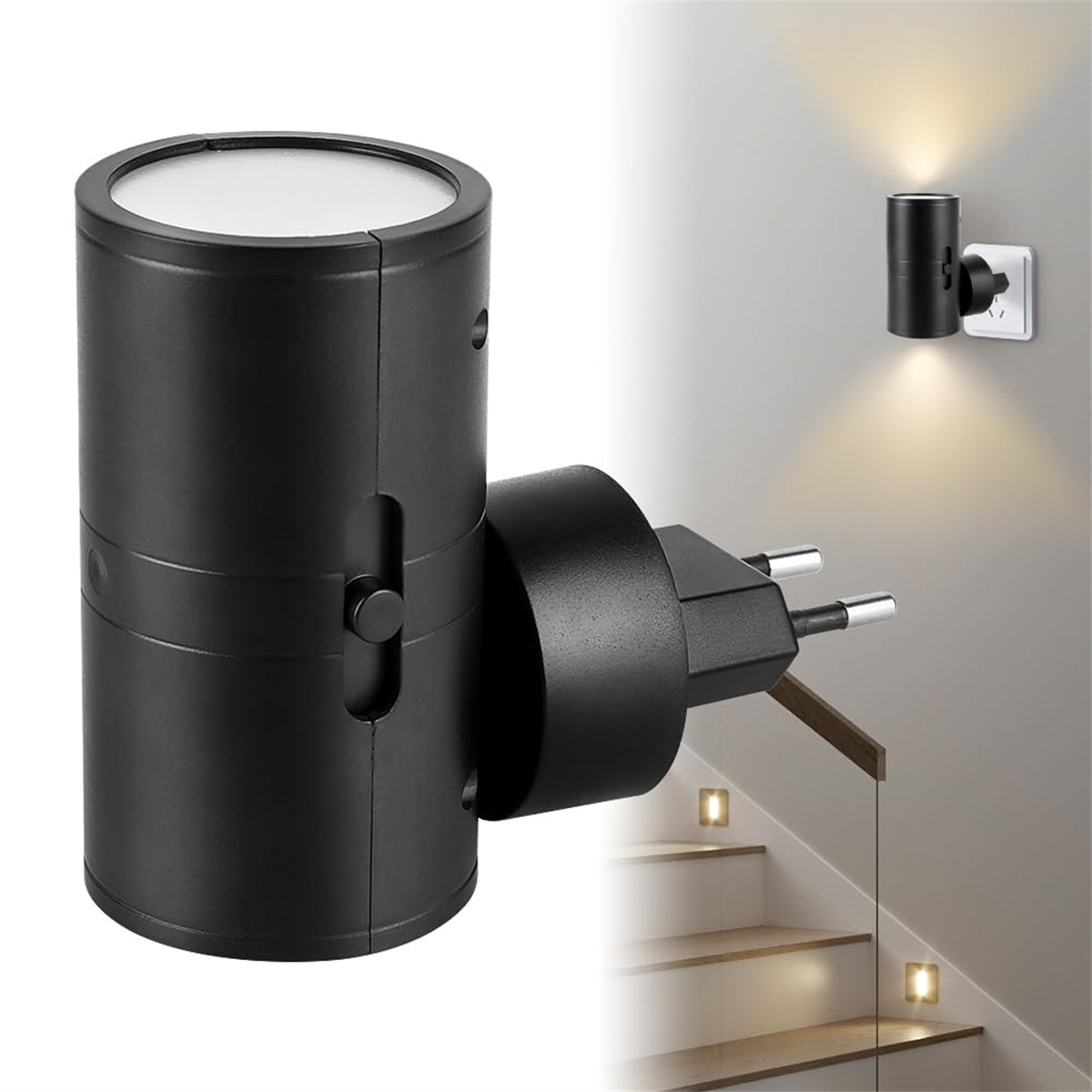 Schwarze Wandleuchte mit Stecker und kleines Licht auf der Treppe.