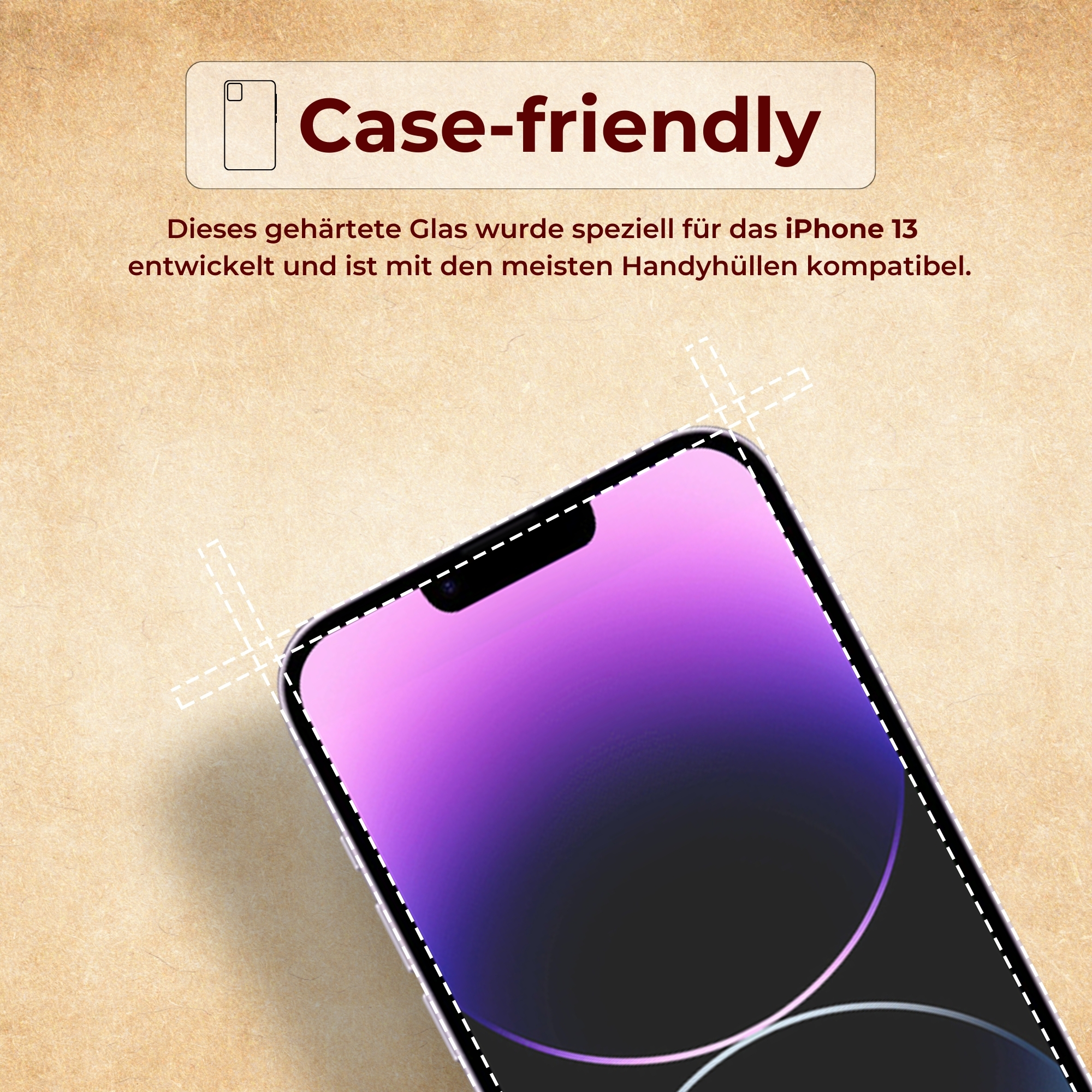 Ein Displayschutz auf einem Telefon mit Text, der 'Case-friendly' sagt.