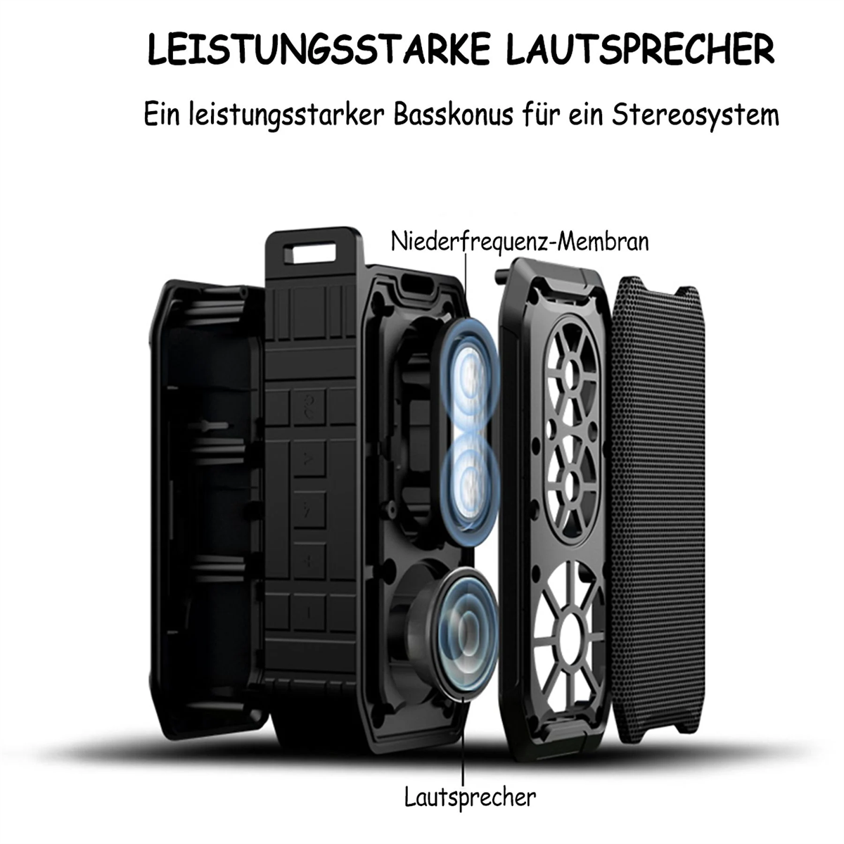 Explosionszeichnung eines schwarzen Lautsprechers. Zeigt interne Komponenten, einschließlich Subwoofer.