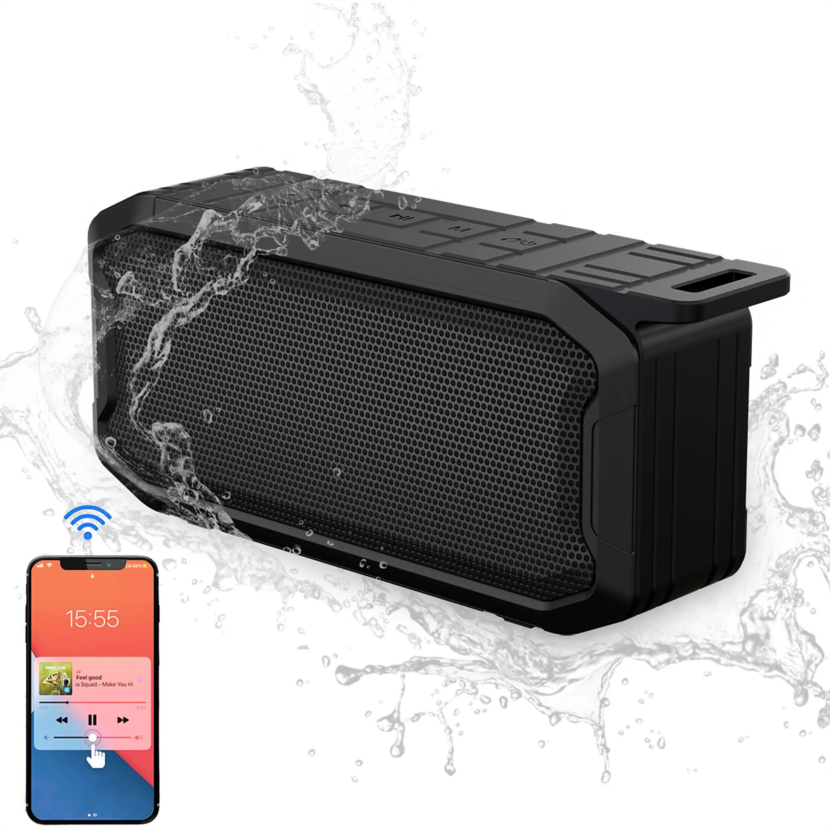 Ein schwarzer, wasserdichter Lautsprecher mit Wasserspritzern und ein Telefon mit Musik.