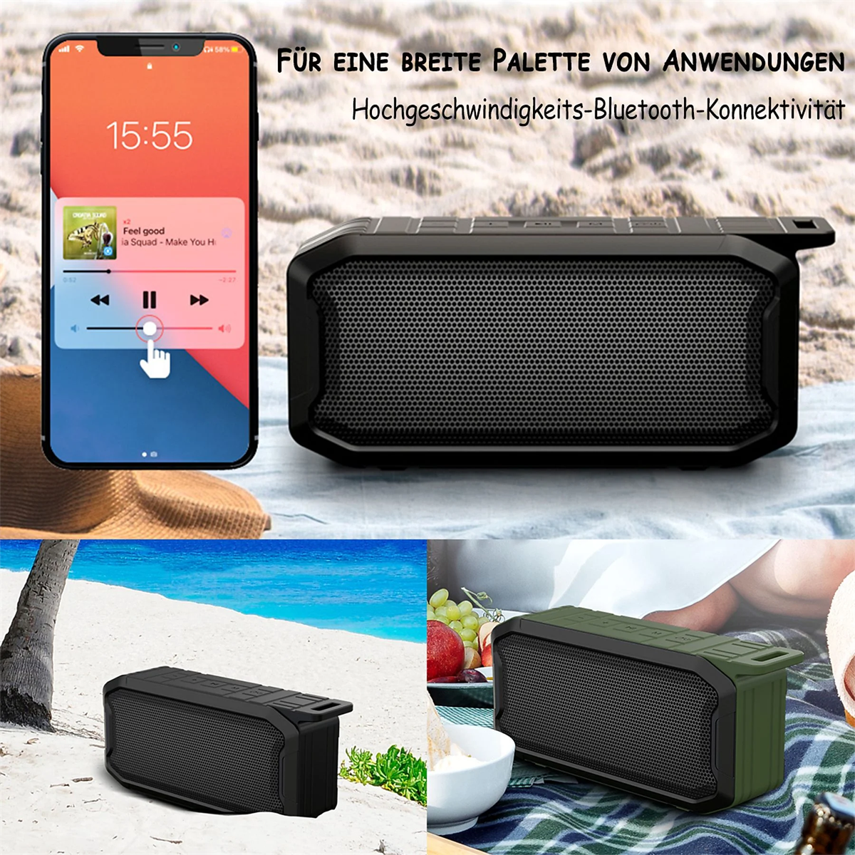 Verschiedene Produktaufnahmen eines tragbaren Lautsprechers neben einem Telefon.