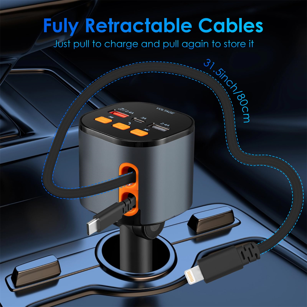Ein schwarzes Ladegerät mit zwei Kabeln, Text sagt Fuly Retractable Cables.