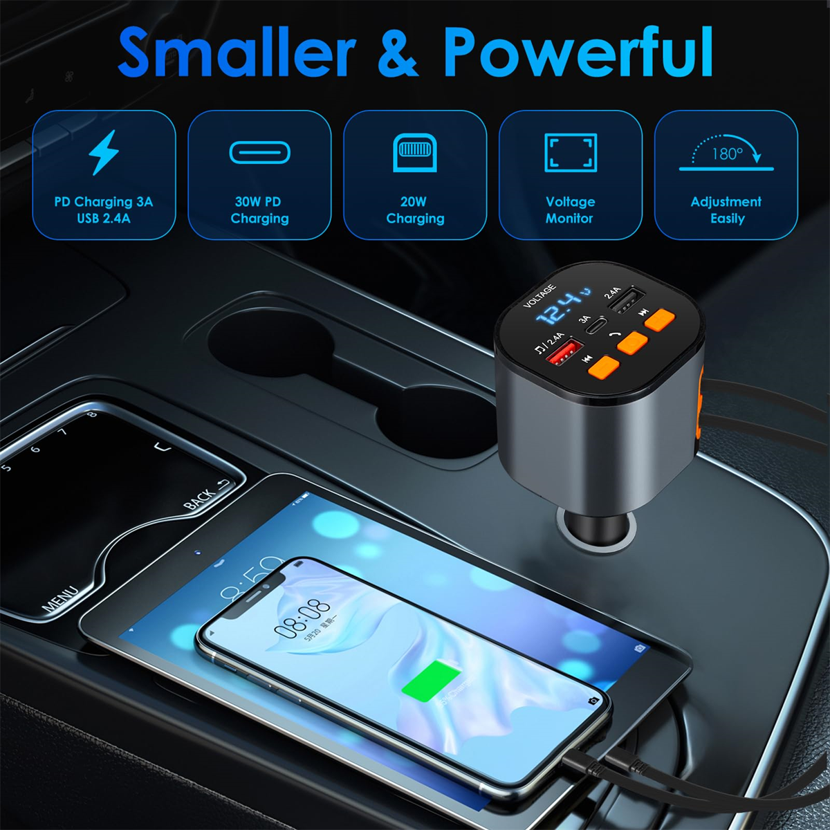 Autoladegerät mit mehreren USB-Anschlüssen, das ein Telefon und Tablet lädt.