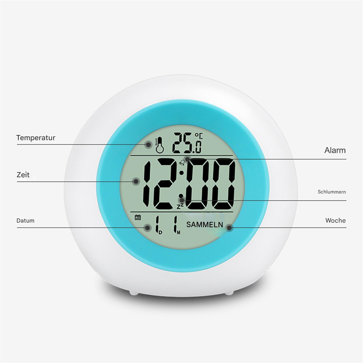 Digitaler Wecker mit Anzeige von Uhrzeit, Temperatur, Datum und Alarmeinstellungen.