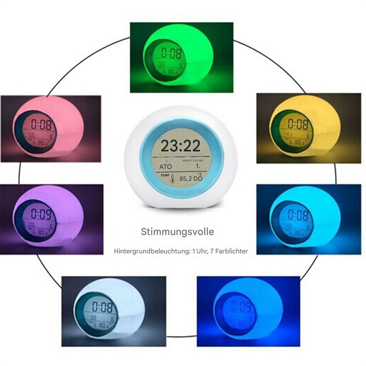 Ein farbwechselnder Wecker, der die Uhrzeit anzeigt. Sieben verschiedene Farben umgeben ihn.