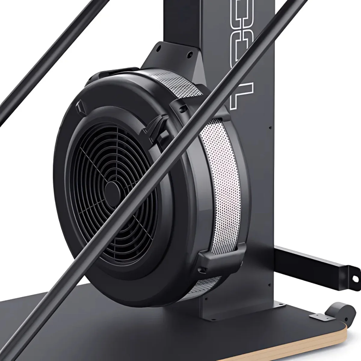 Close-up of a black and silver exercise machine. The fan is visible. Background is white.