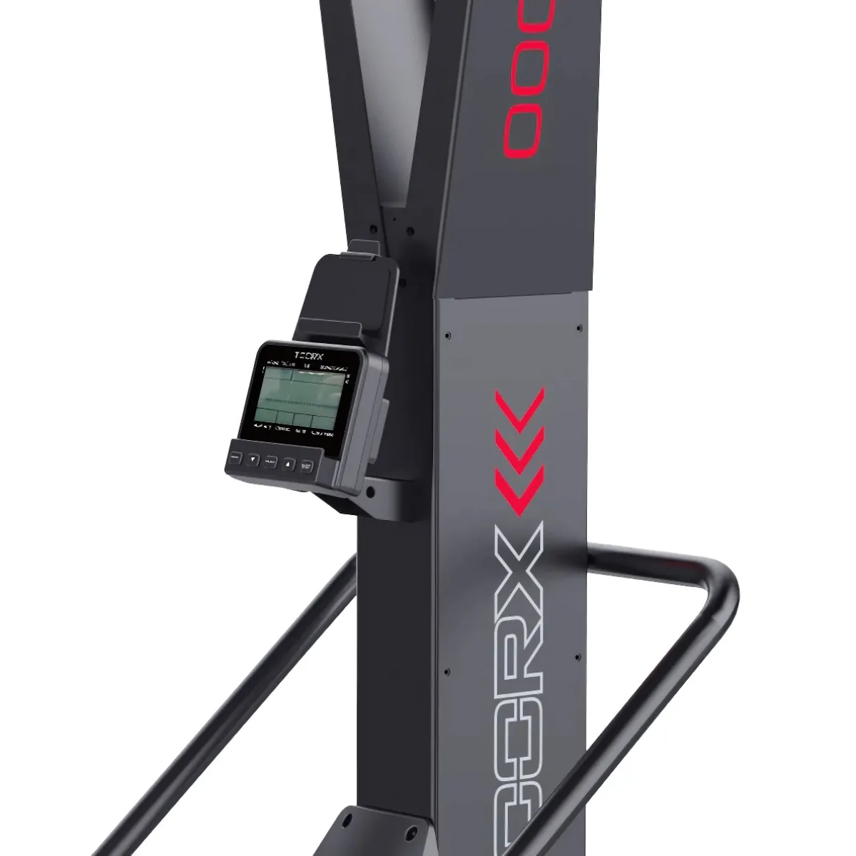 A close-up of an exercise machine's display and hand grips.
