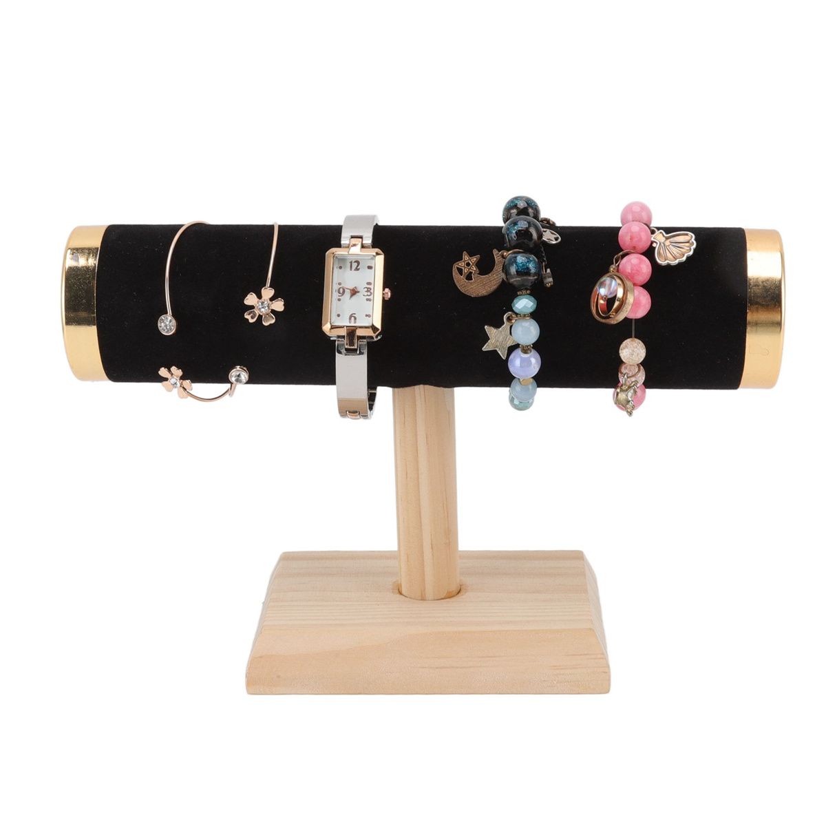 Schmuckständer mit Goldbesatz, hält verschiedene Armbänder und eine Uhr.