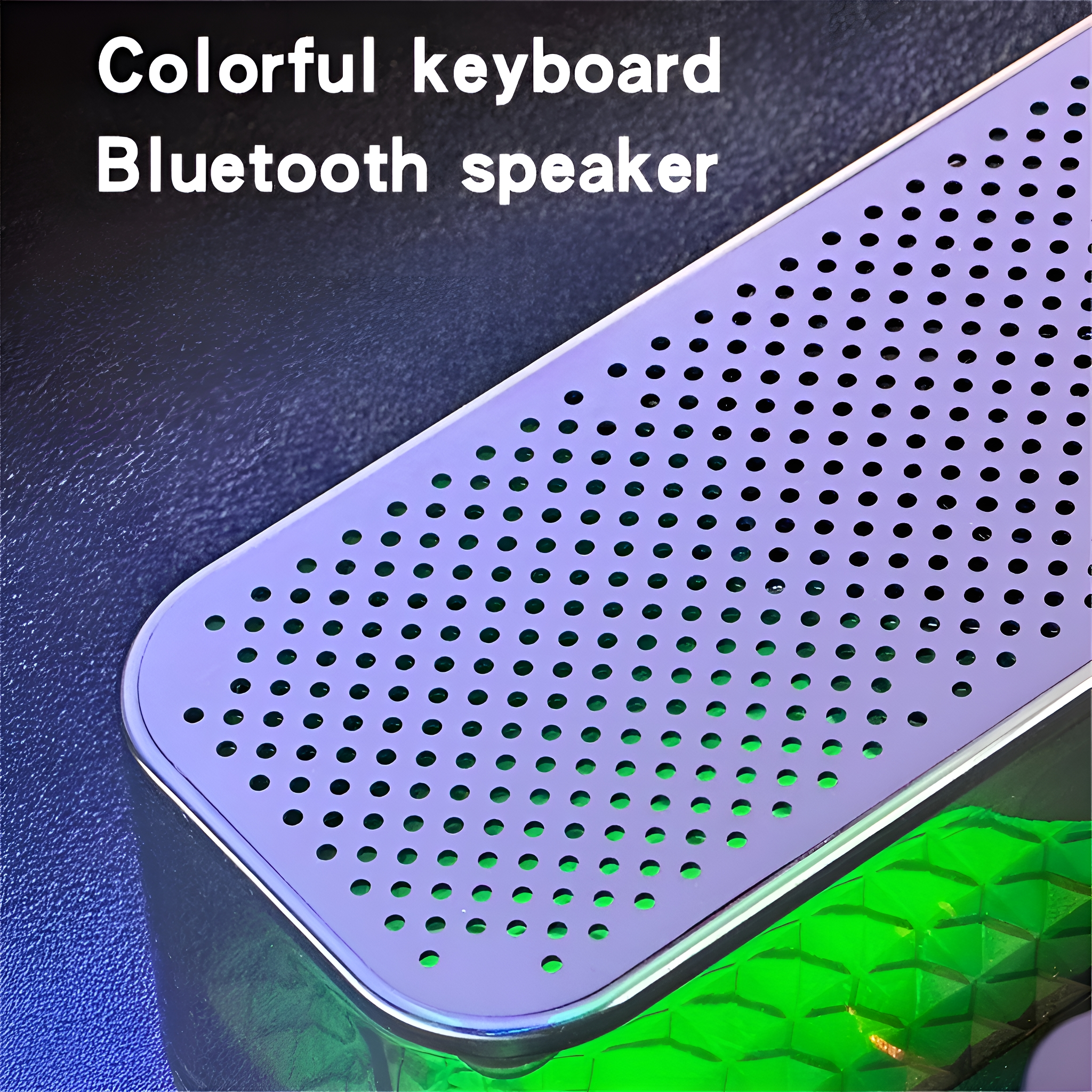 Nahaufnahme eines farbenfrohen Bluetooth-Lautsprechers mit grünen Lichtern.