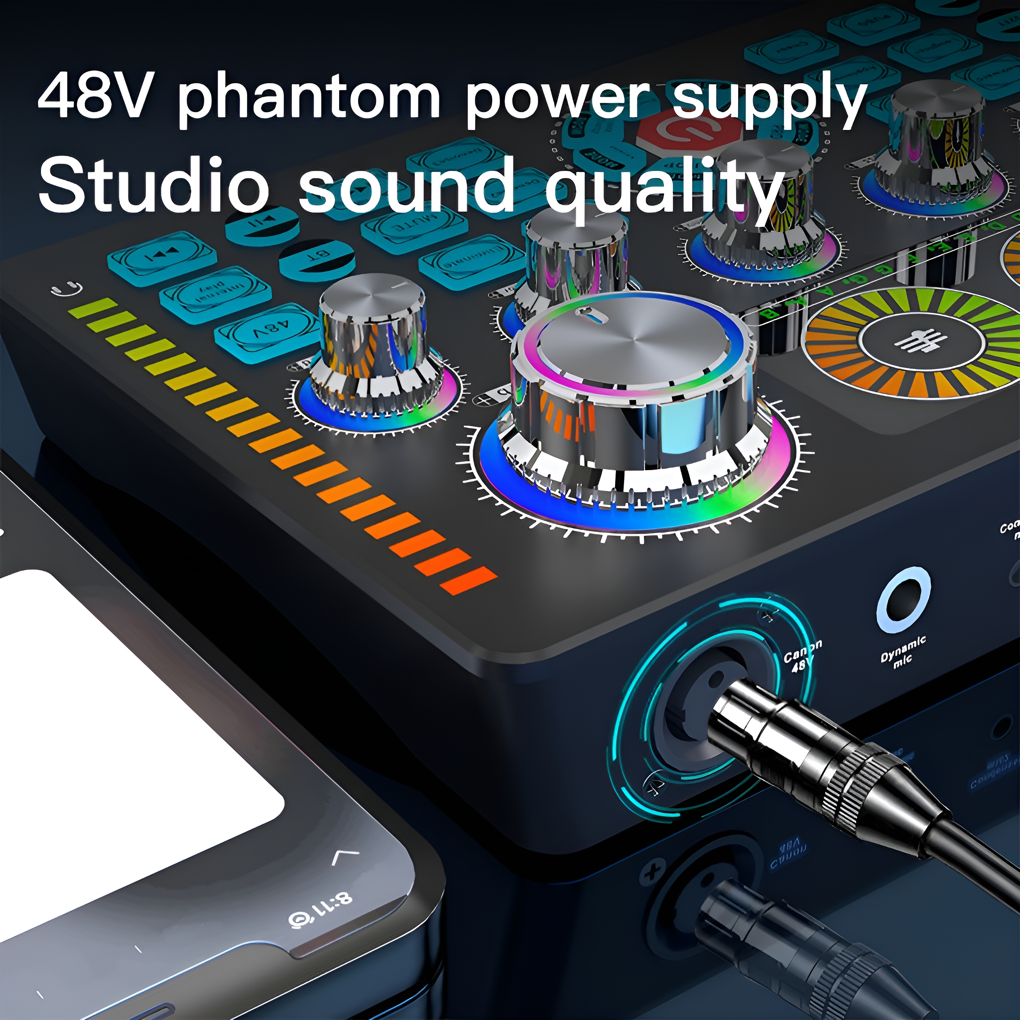 Audio-Interface mit Knöpfen, Reglern und Mikrofonkabel, verbunden mit einem Telefon.