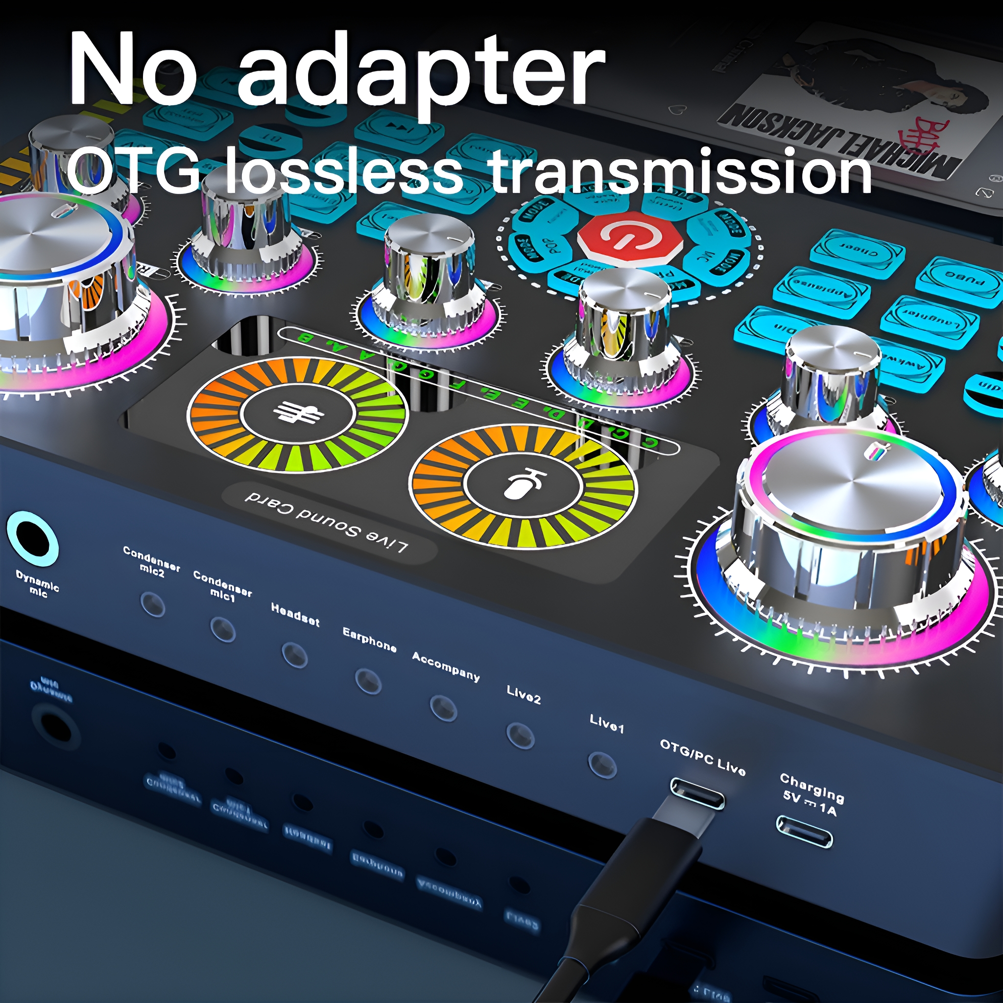Ein schwarzer Audiomixer mit verschiedenen Bedienelementen und angeschlossenem USB-Kabel. Text-Overlay.