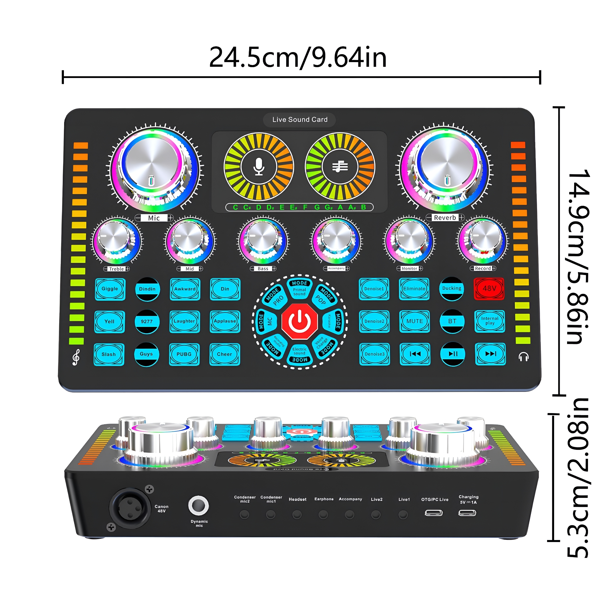 Schwarze Soundkarte mit Knöpfen, Tasten und Digitalanzeige, misst 24,5 cm/9,64 Zoll x 14,9 cm/5,86 Zoll.