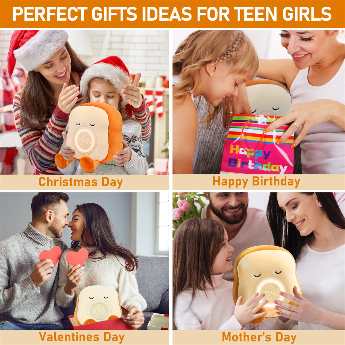 Eine Collage mit Geschenkideen für Teenagerinnen. Vier Szenen zeigen verschiedene Anlässe: Weihnachten, Geburtstag, Valentinstag, Muttertag.