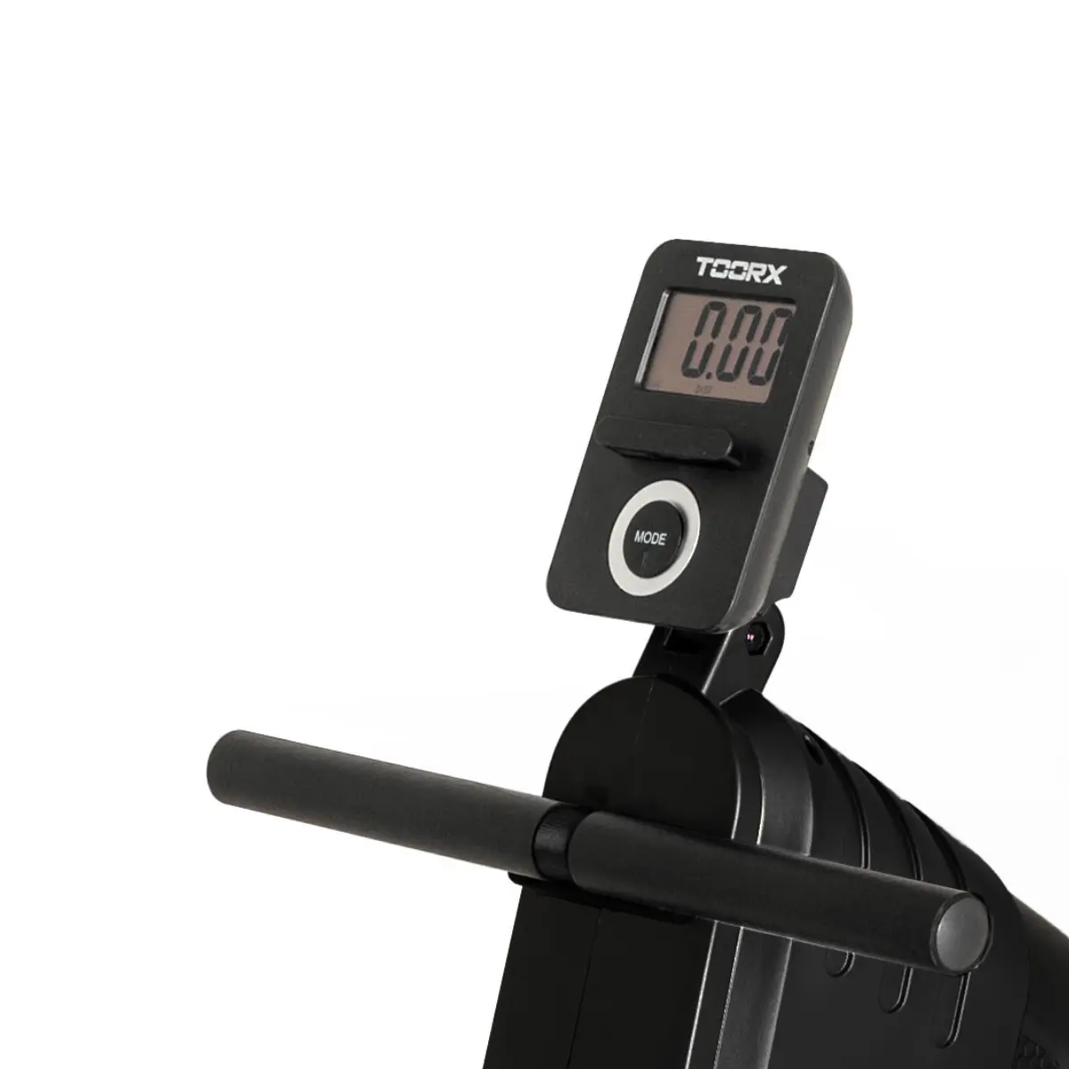 A rowing machine's digital display showing 0.00. The machine is black.