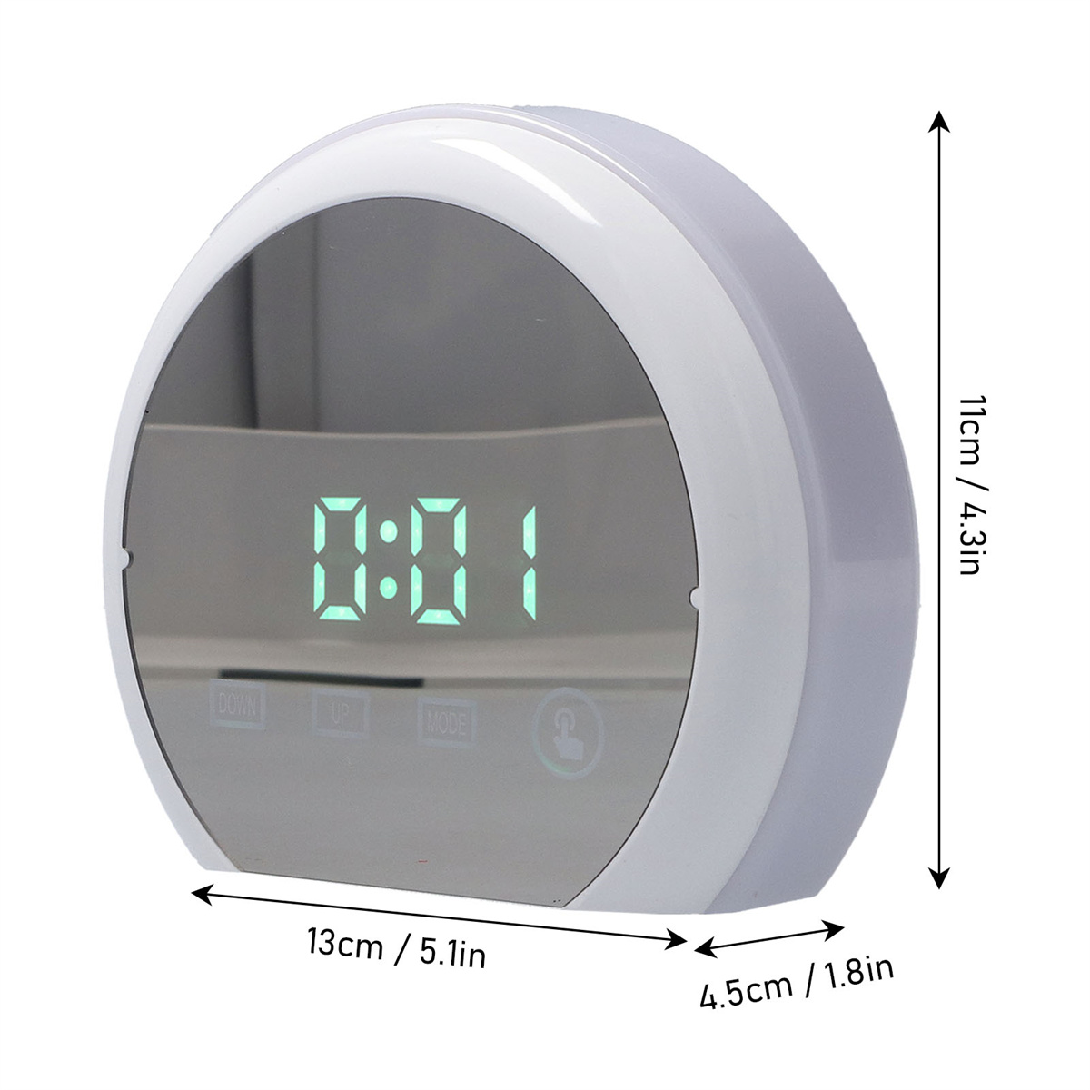 Weißer Digitaluhr. Die Zeit ist 0:01. Die Uhr hat eine runde Form.
