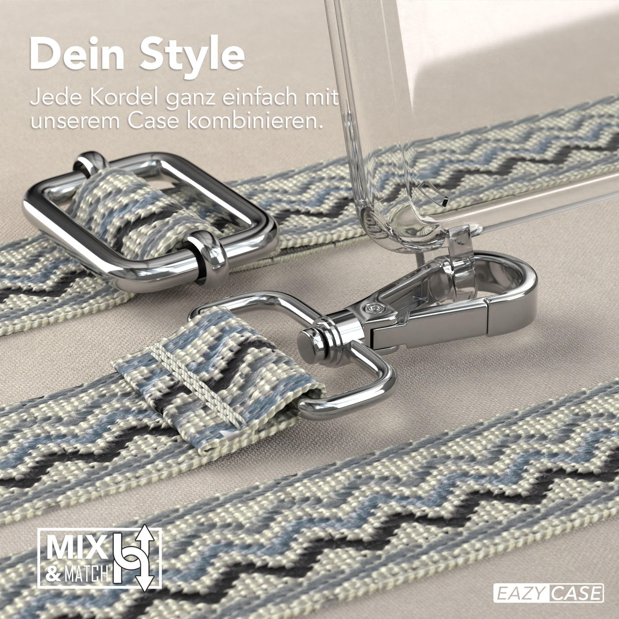 Nahaufnahme einer transparenten Handyhülle mit gemustertem Riemen und Metallbeschlägen.