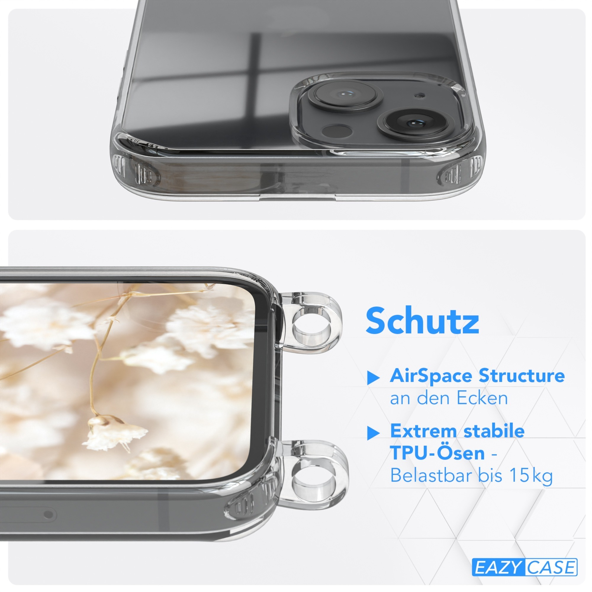 Transparente Handyhülle mit Telefon, Blumenhintergrund.