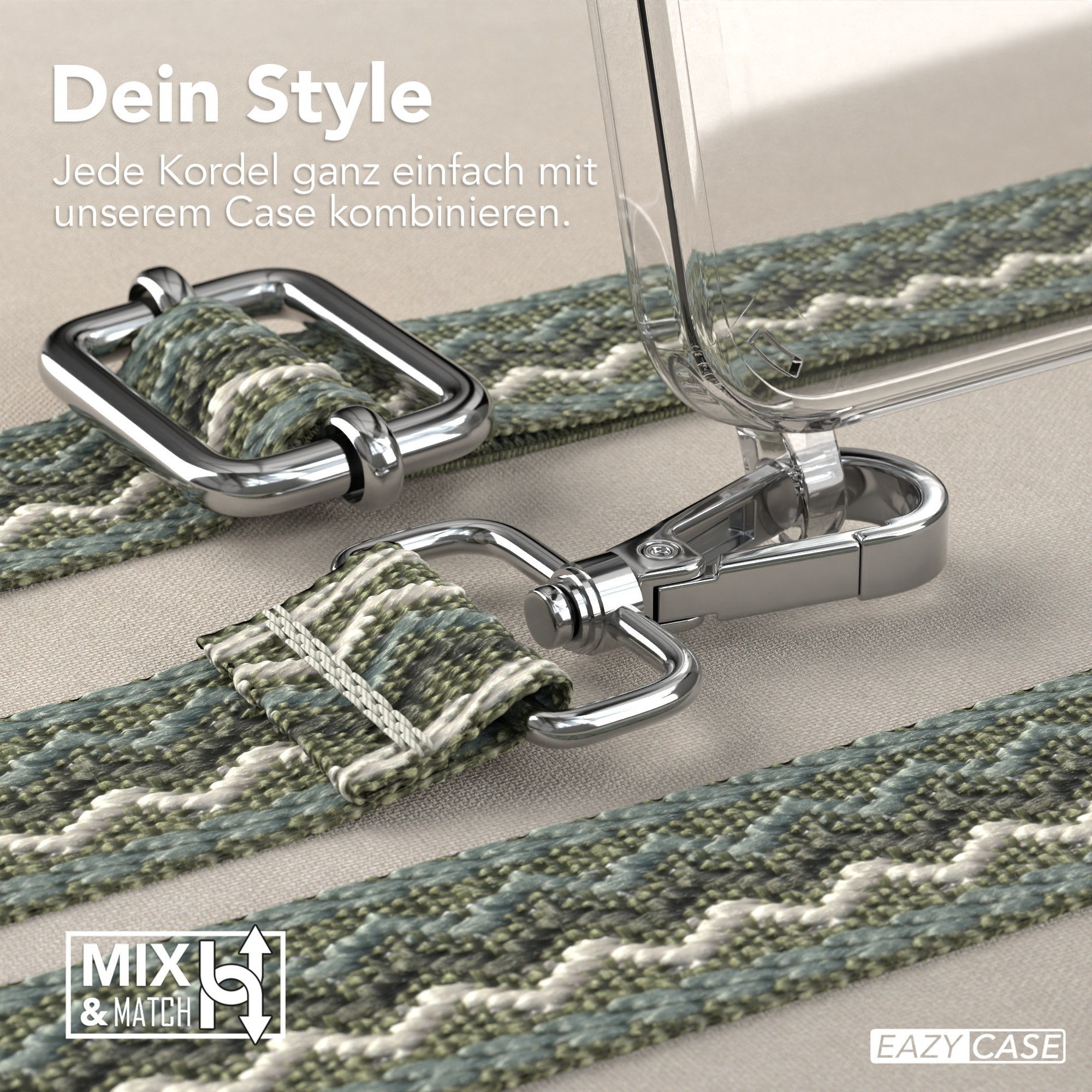 Nahaufnahme einer Handyhülle mit Riemen. Der Riemen ist grün und weiß, mit silbernem Haken und Verschluss.