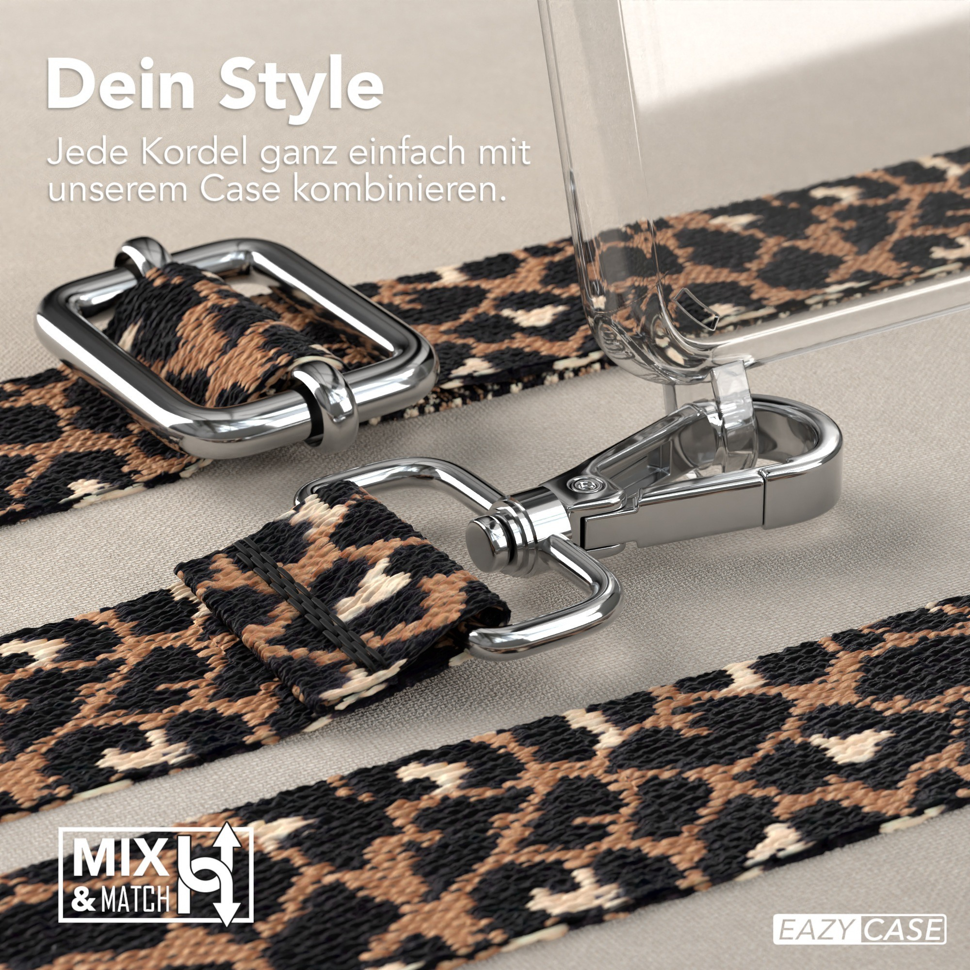 Nahaufnahme einer Handyhülle mit Leopardmuster-Riemen und silberner Hardware.