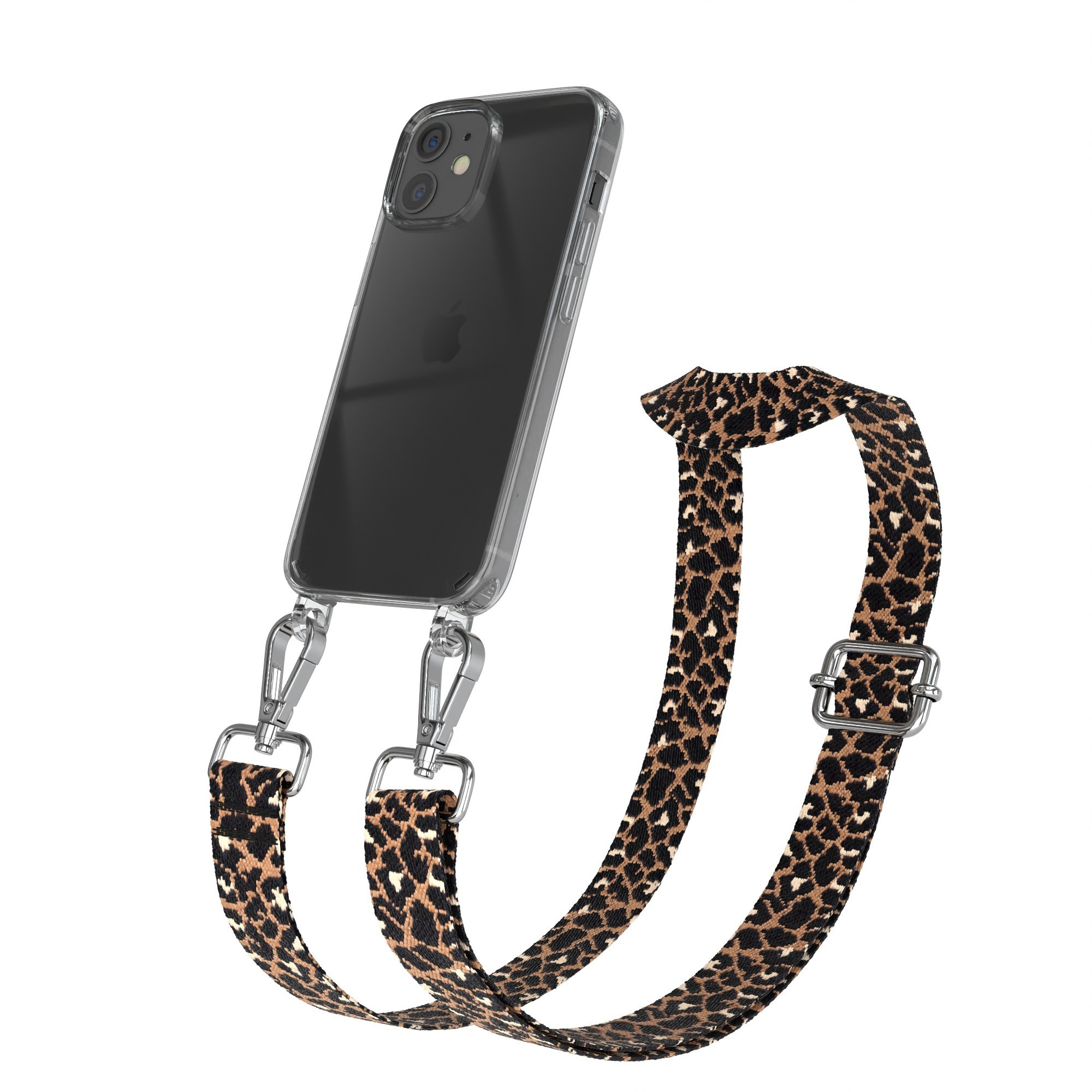 Eine transparente Handyhülle mit einem Leopardenmuster-Gurt, der am Telefon befestigt ist.