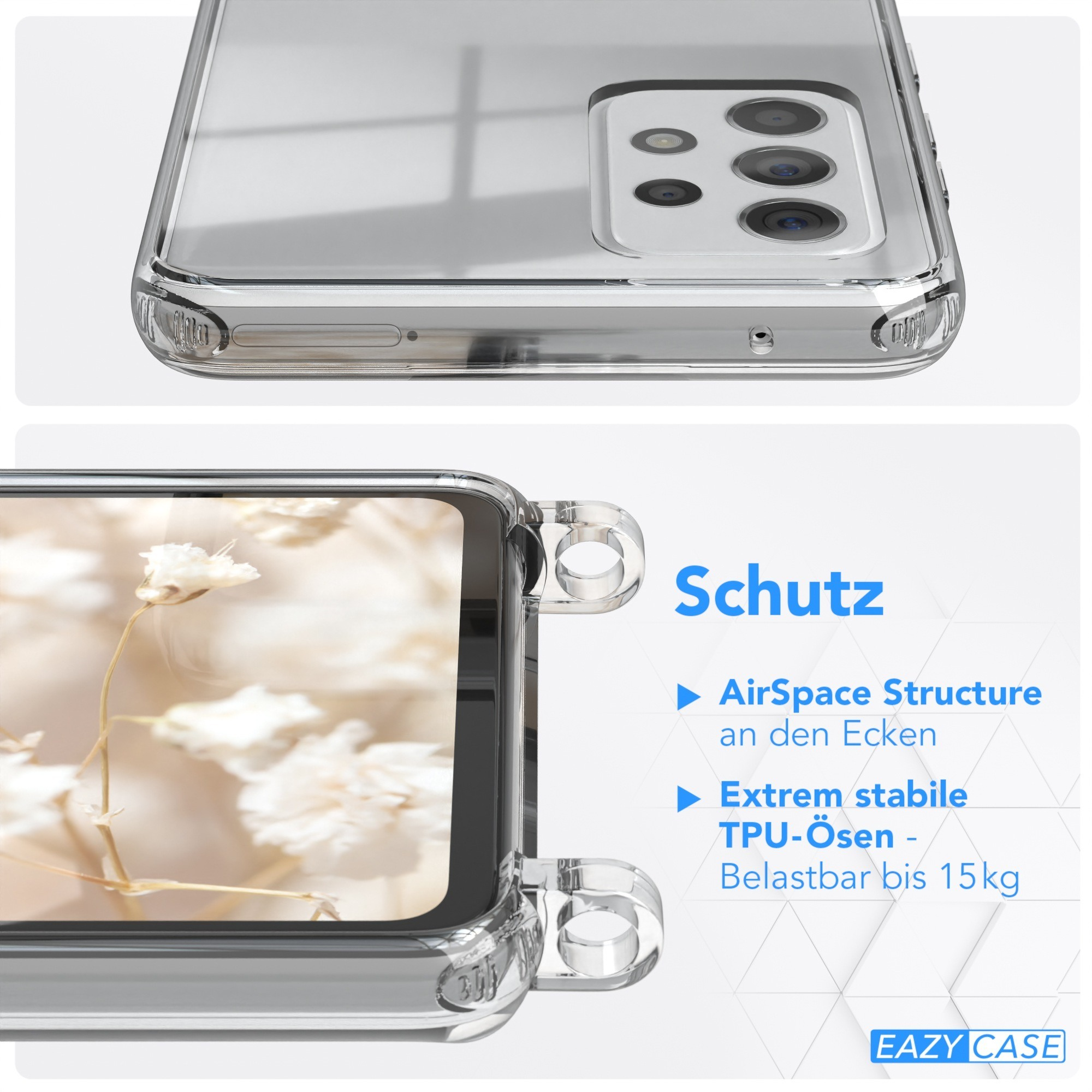 Transparente Handyhülle auf einem Telefon mit Text.