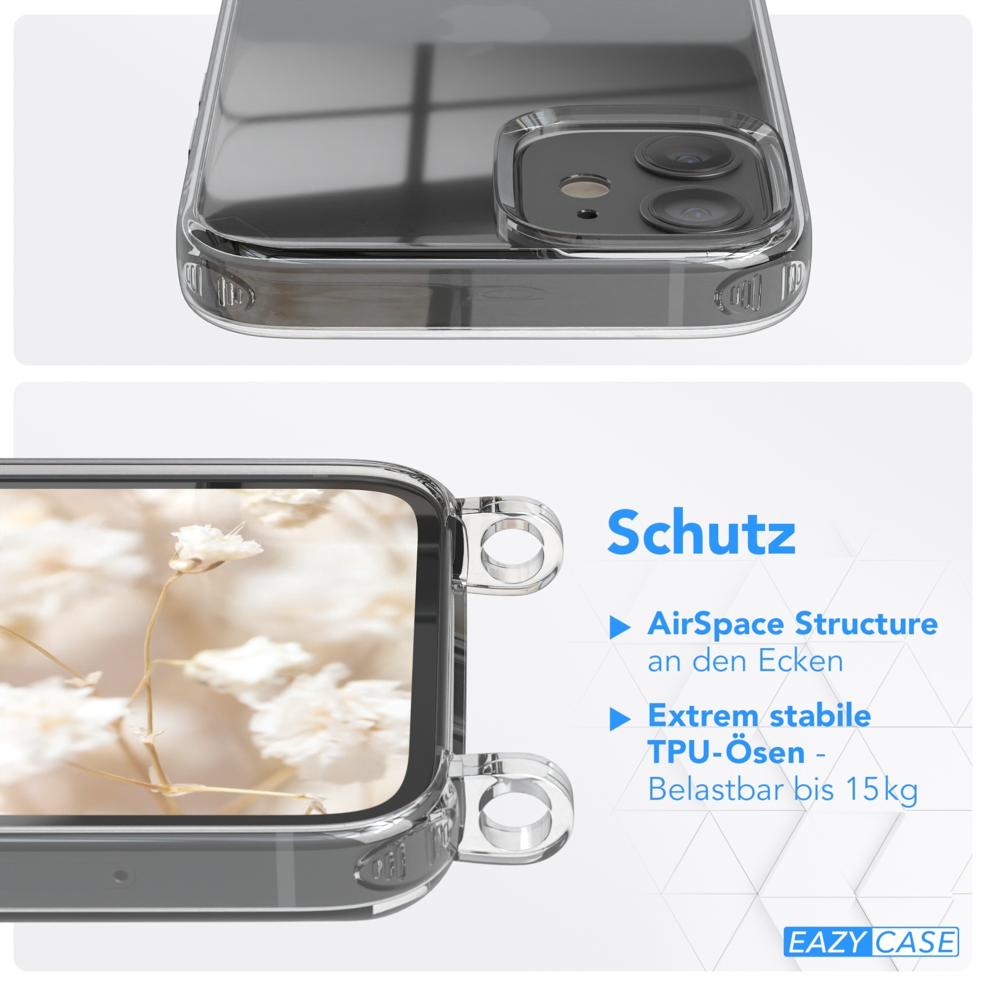 Nahaufnahme einer transparenten Handyhülle mit einem Telefon darin. Text beschreibt Funktionen.