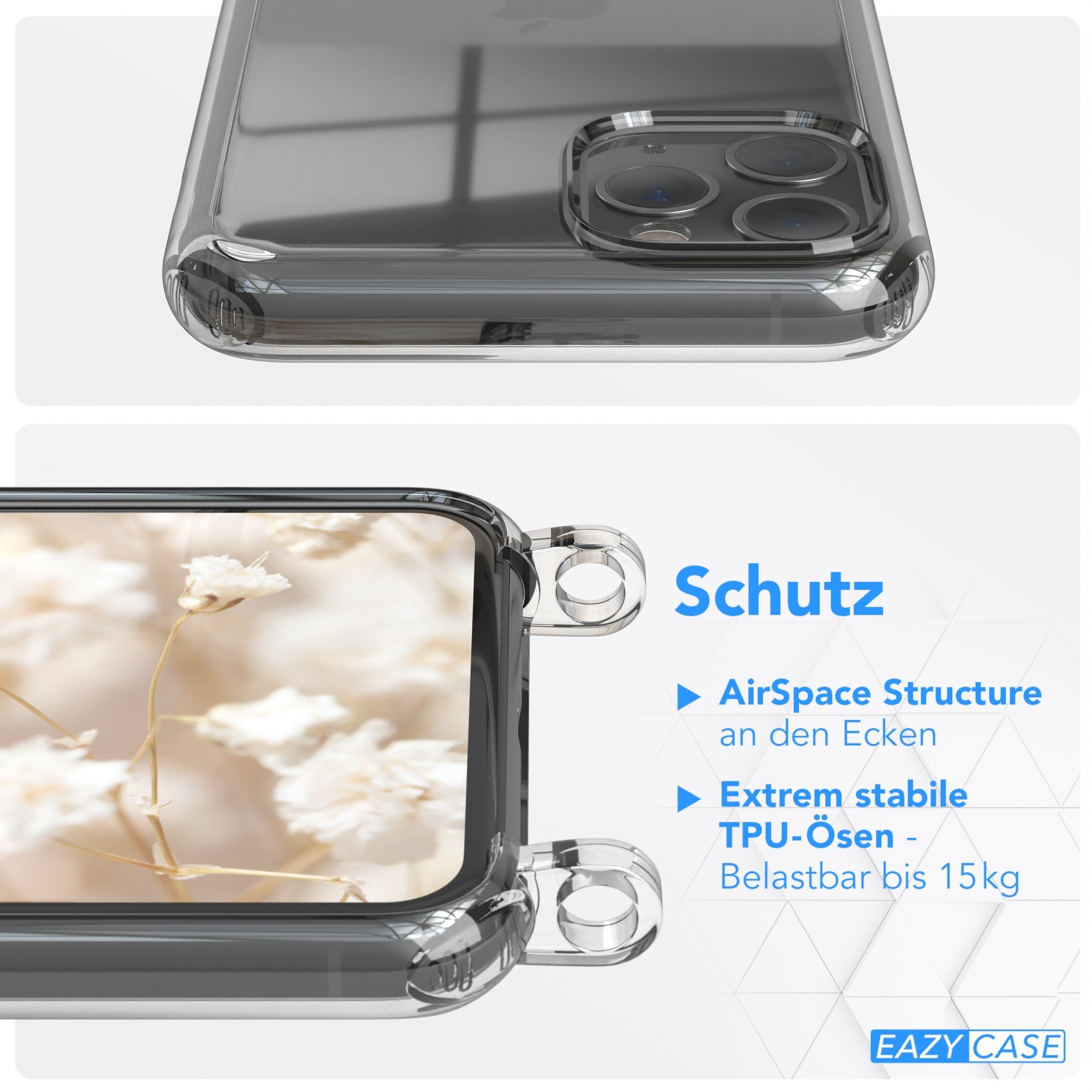Eine transparente Handyhülle mit Schutzfunktionen. Text hebt 'AirSpace Structure' und 'TPU' hervor.