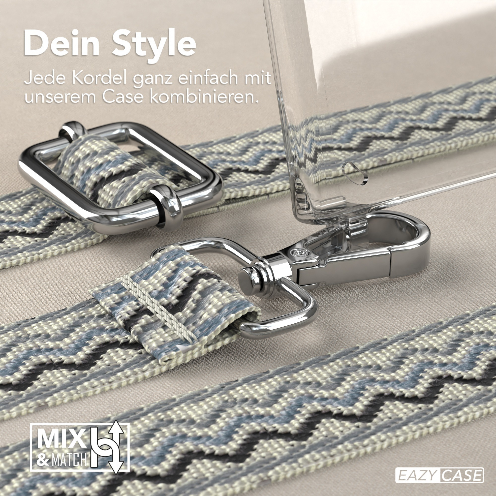 Handyhülle mit silbernem Verschluss und Trägern. Der Träger hat ein blaues und schwarzes Muster.