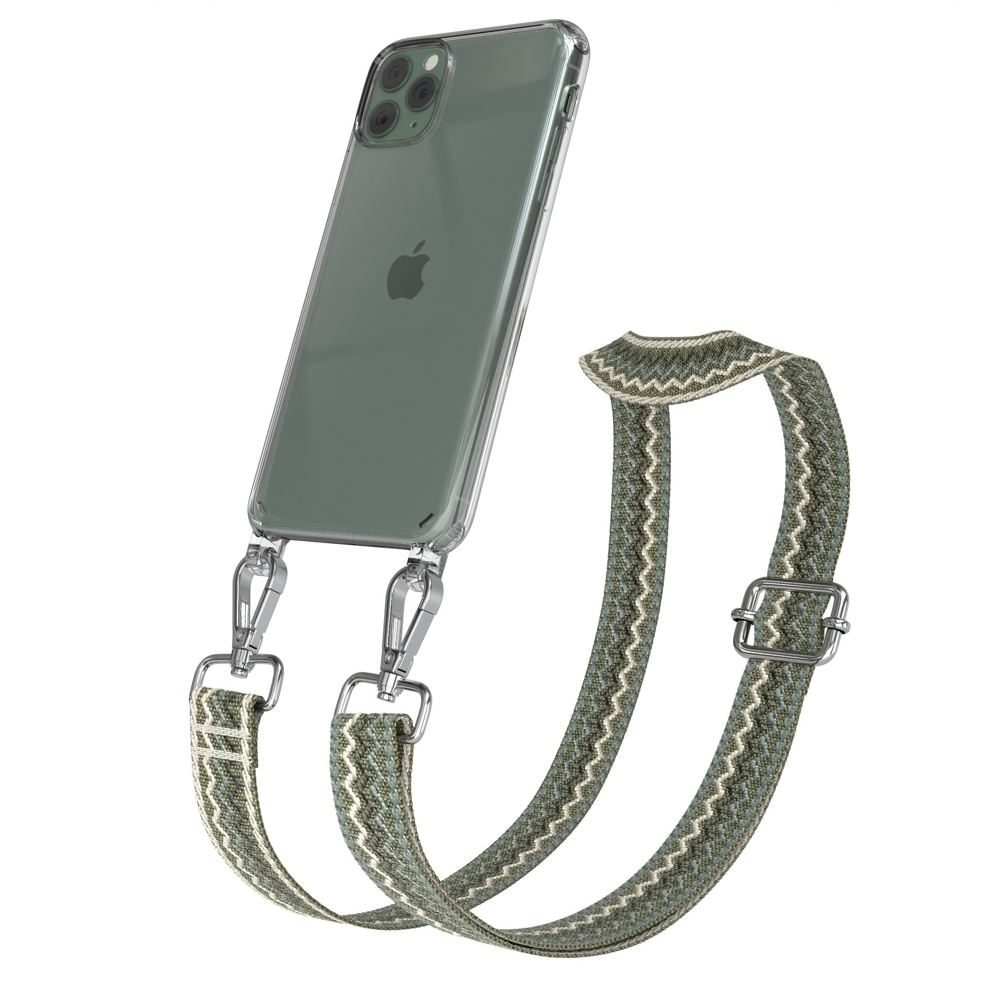 Transparente Handyhülle mit grünem Gurt. Telefon abgewinkelt, Gurtmuster weiß/grün.