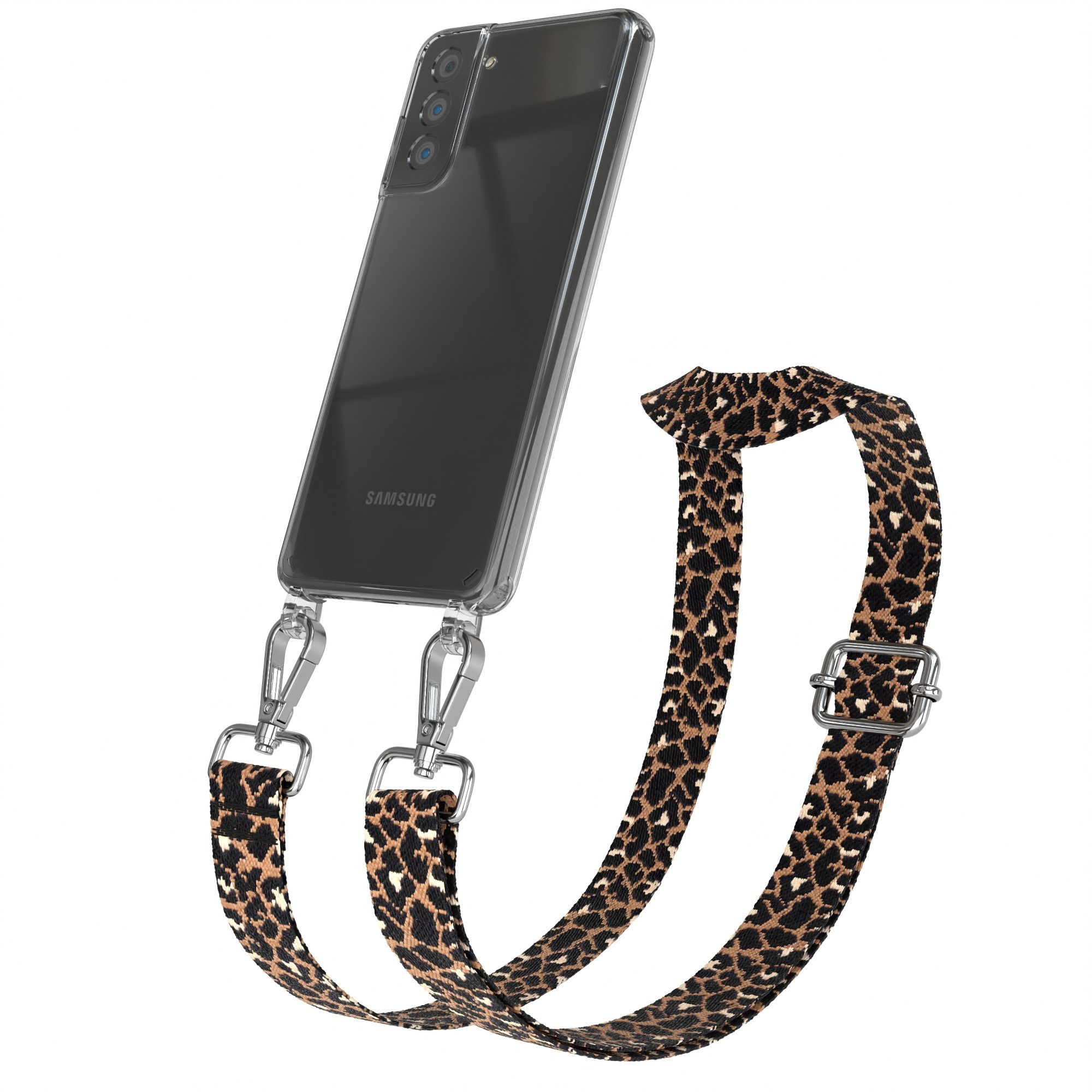 Transparente Handyhülle mit Leopardenmuster-Gurt. Der Gurt hat silberne Haken und eine Schnalle.
