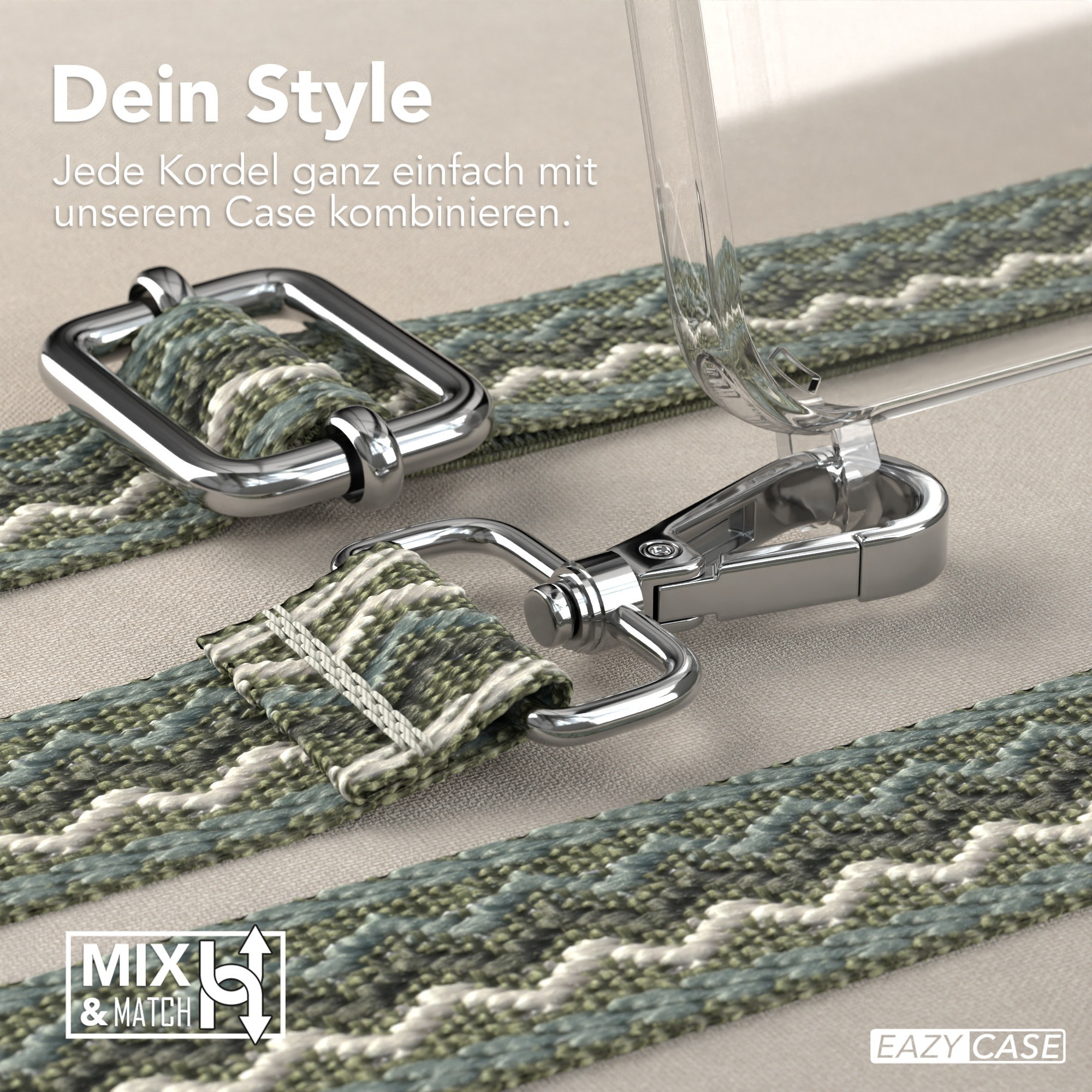 Handyhüllenriemen mit Verbindern und Riemendetails, Eazy Case Branding sichtbar.