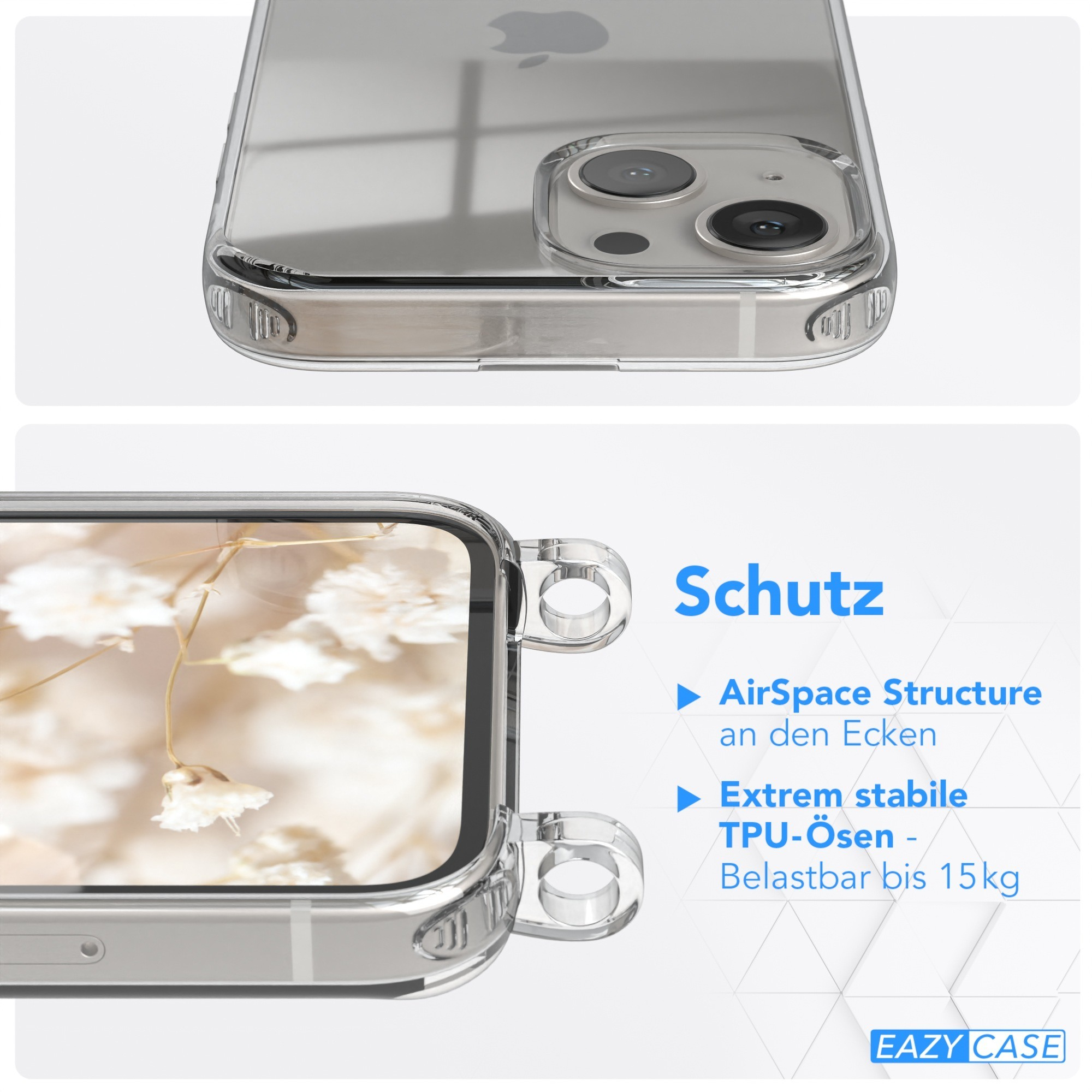 Nahaufnahme einer transparenten Handyhülle mit einem Telefon darin.