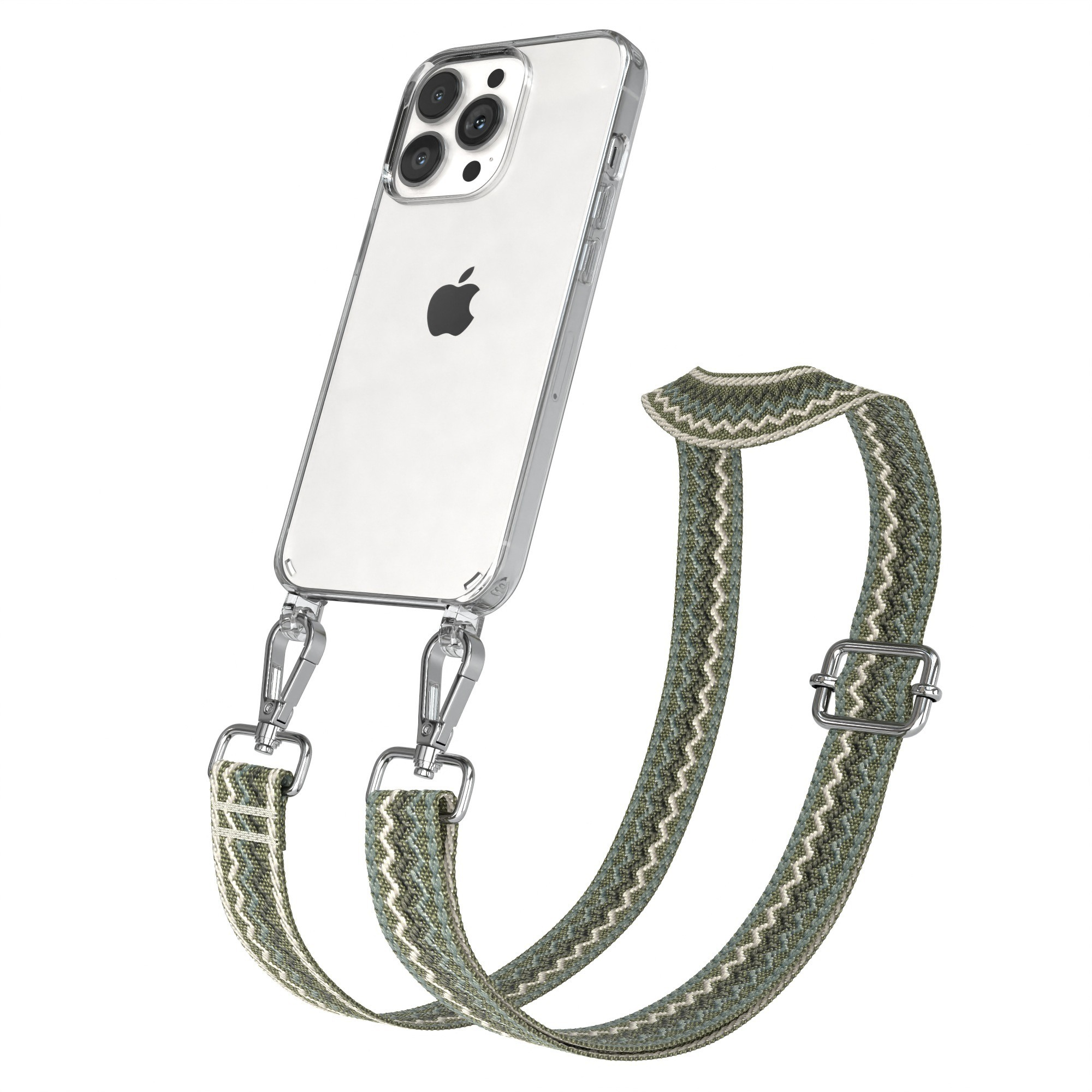 Transparente Handyhülle mit Telefon und Trageriemen. Das Telefon ist transparent und zeigt das Apple-Logo.
