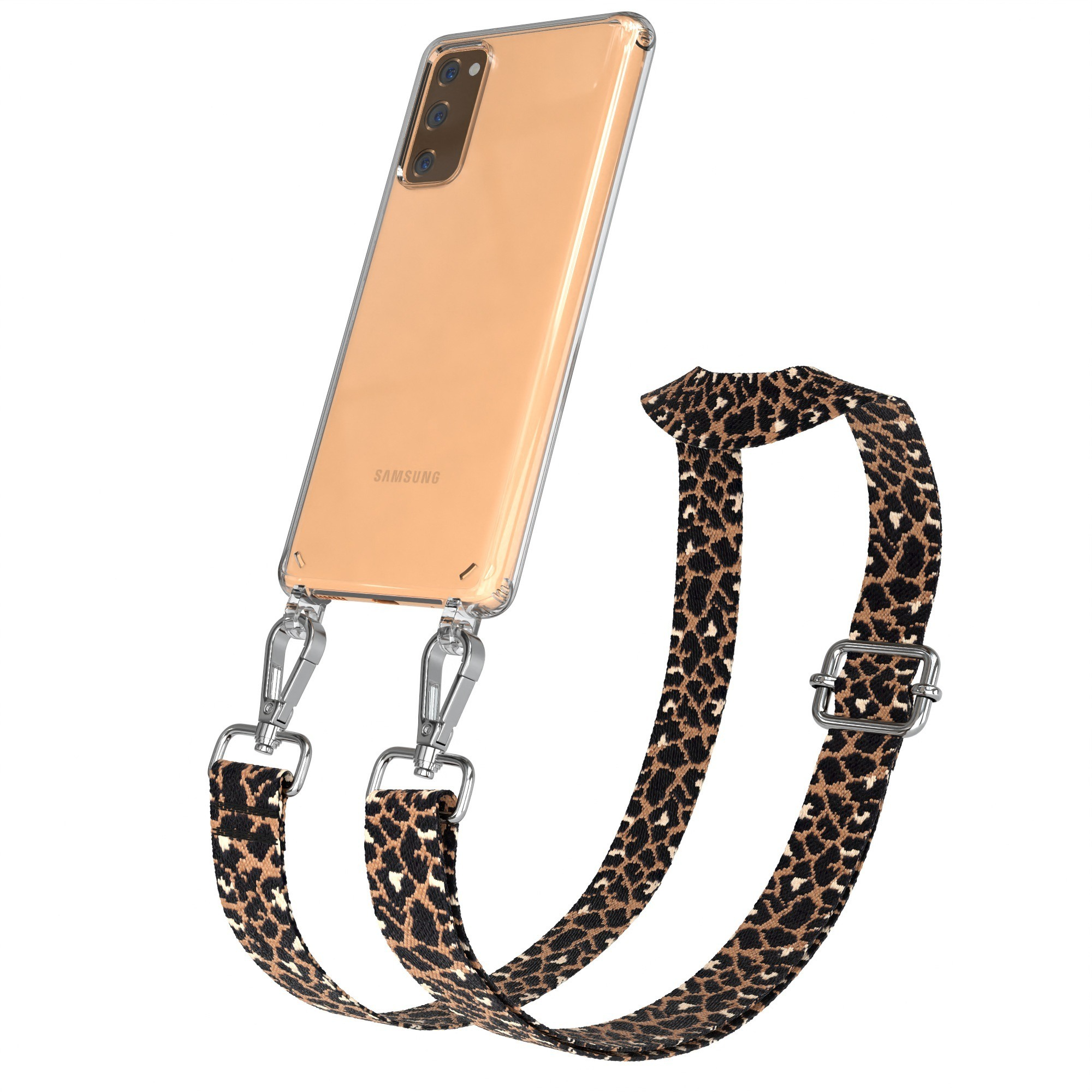 Klare Handyhülle mit Leopardenmuster-Trageriemen. Silberne Clips und Schnalle auf weißem Hintergrund.